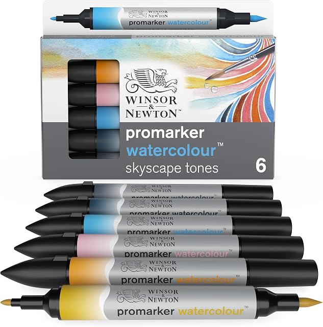 Winsor & Newton,6 - Aquarellmarker im Set,Multicolour 0290168 Watercolour Skyscape Tones Marker Set, Cadet Blue/Cloud Blue/Pale Blossom/Pebble Blue/Storm Cloud/Verdigris