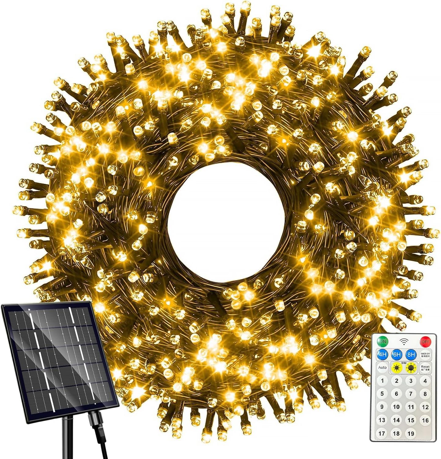 Amzxart Catena di luci solari per esterni, 400 LED, 42 m, per esterni, a energia solare, 19 modalità, per esterni, IP65, impermeabile, per balcone, giardino, feste (bianco caldo)