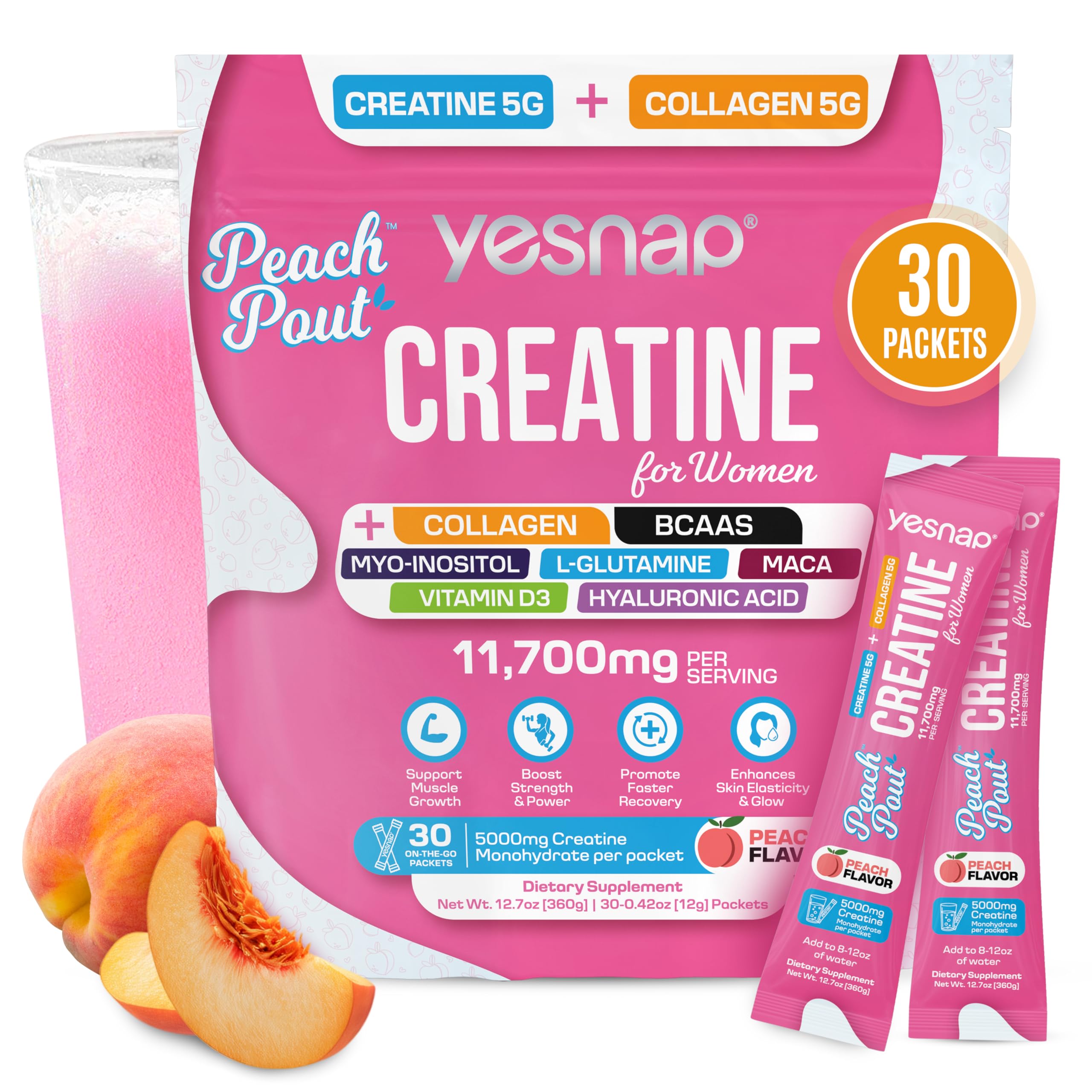Creatine for Women – Micronized Creatine Monohydrate Powder with Collagen, BCAA, Myo-Inositol & Vitamin D3 – Muscle Growth, Strength & Energy Support – Pre & Post Workout – Peach Flavor, 30 Servings