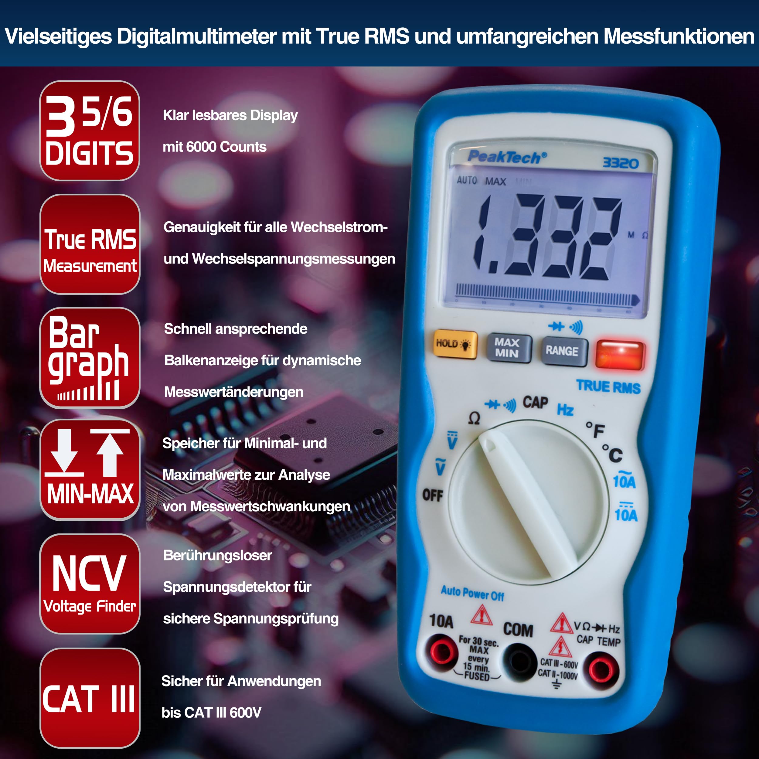 PeakTech P 3320 Digitales Multimeter mit TrueRMS, 10 A AC/DC, 6.000 Zähler, tragbares Multimeter, Voltmeter, Autorange, Durchgangsprüfer, Stromversorgung, Datenspeicher, LCD-Display - CAT III 600 V