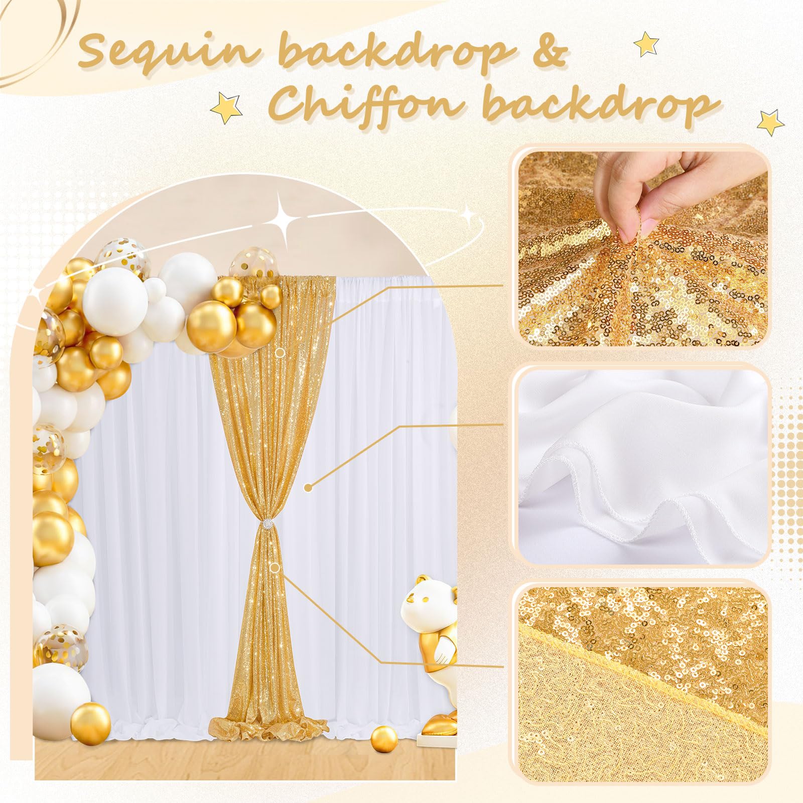 Lot de 3 rideaux de fond à paillettes en mousseline de soie pour fête de mariage Doré 1,2 x 2,4 m