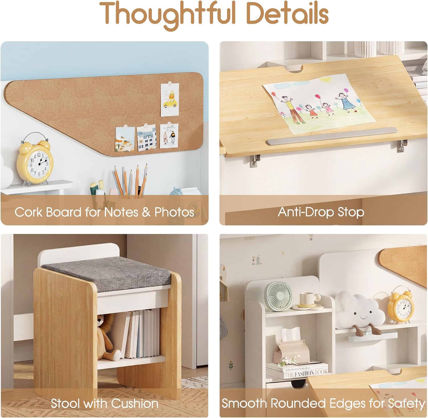smilesun Kids Desk and Chair Set, Wooden Study Table with Tiltable Desktop, Hutch, Drawer & Storage Cabinet, Multi-Functional Writing Desk for Kids Ages 5-12, Ideal for Bedroom (Wood)
