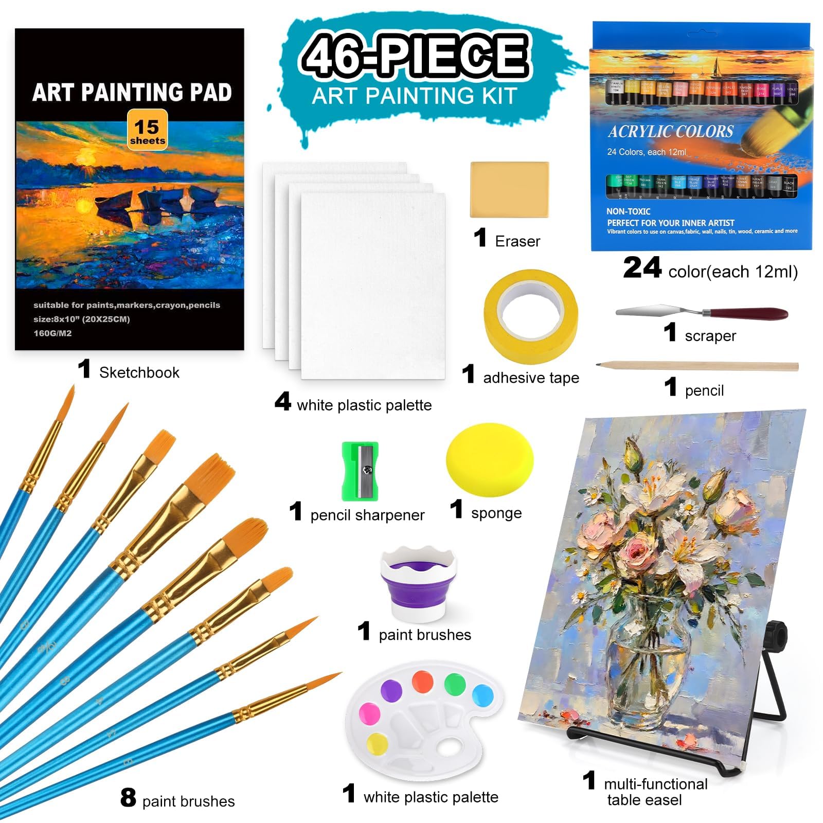 Kit de Pintura,Juego De Pinturas Acrílicas,Acrílicas 24 Colores, Con Caballete De Mesa, 8 Platos De Lienzo, 8 Pinceles, Taza De Limpieza, Esponja, Paleta,Para Artistas Principiantes