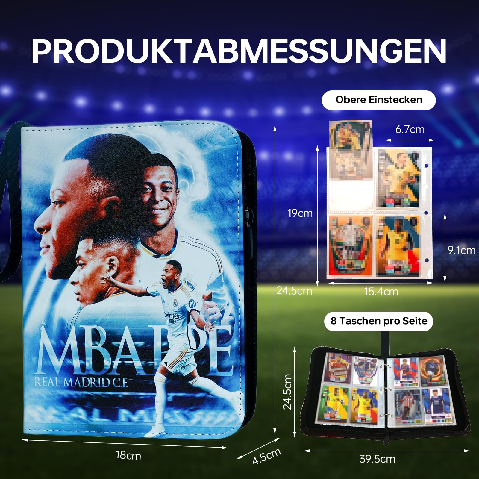 Album de cartes de football - 4 pochettes - 50 pages - 400 cartes - Classeur étanche en cuir synthétique - Avec fermeture éclair et poignée de