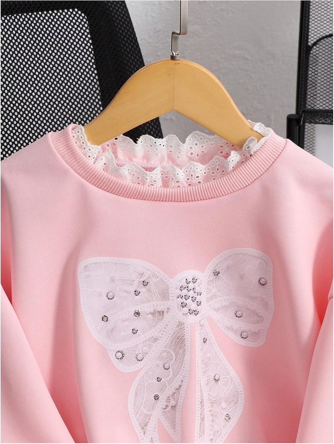 GORGLITTER Girl's Bow Sweatshirt Eyelet Embroidered Ruffle Long Sleeve Crewneck Fall Cute Pullover Tops