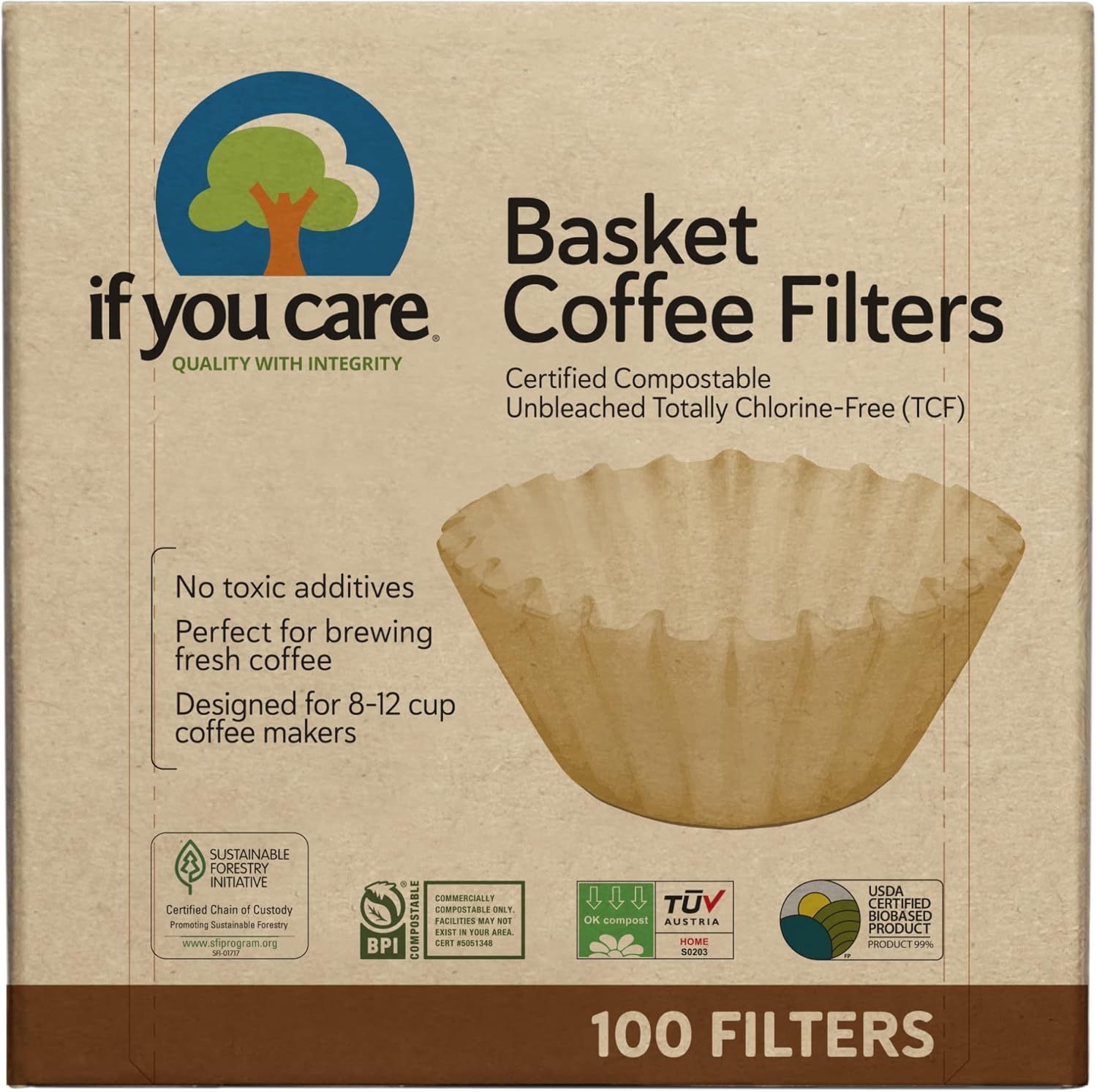 IF YOU CARE Coffee Filters, 8-Inch Basket in Poly Bag, 100 Count, Pack of 12