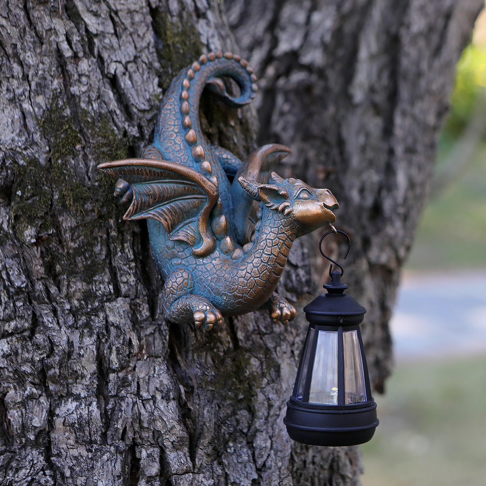 Garden Dragon Statue with Solar Light Outdoor Garden Decor for Outside Porch Patio Wall Tree Fence, Whimsical Yard Art Tree Hugger Decorations Figurine, Housewarming Gifts for Women Men Dragon Lovers