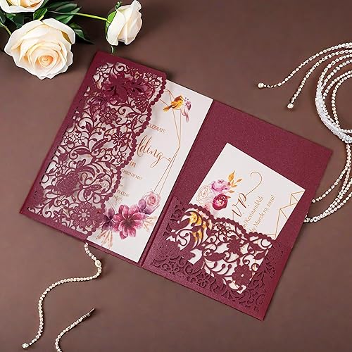 Miniatura 8 de YHOTA 20 bolsillos para tarjetas de invitación de corte láser con cintas, diseño floral para bodas, fiestas, despedidas de soltera, cumpleaños,