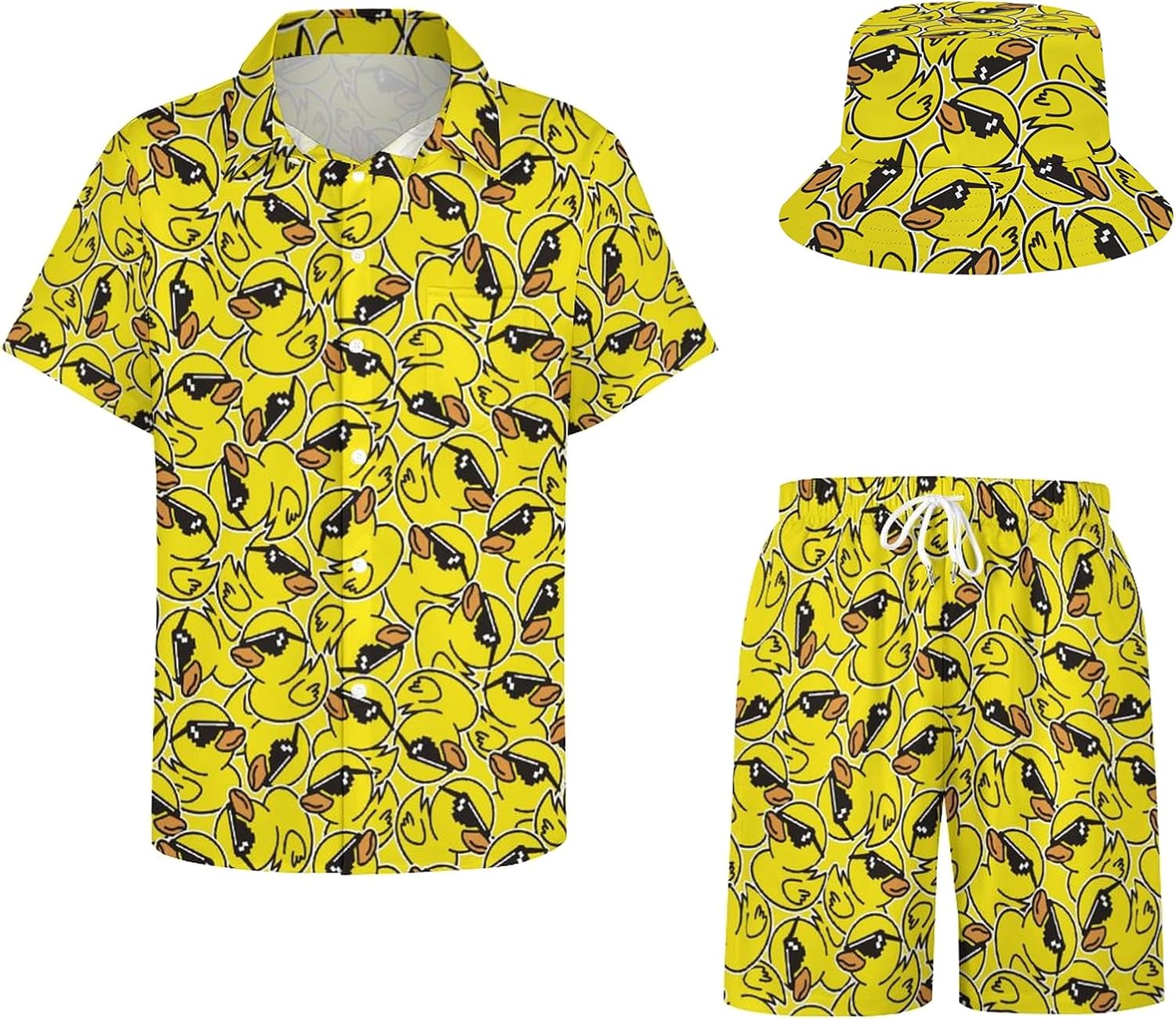 Men's Funny Hawaiian Matching Set Summer Beach Tracksuit 3 Piece Outfits Button Down Shirts Shorts and Bucket Hats