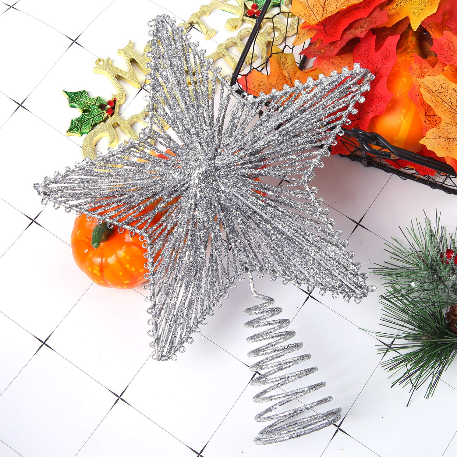 Stella Per Albero Di Natale Glitterata - Decorazione Infrangibile, In Plastica, Altezza 20.3 Cm
