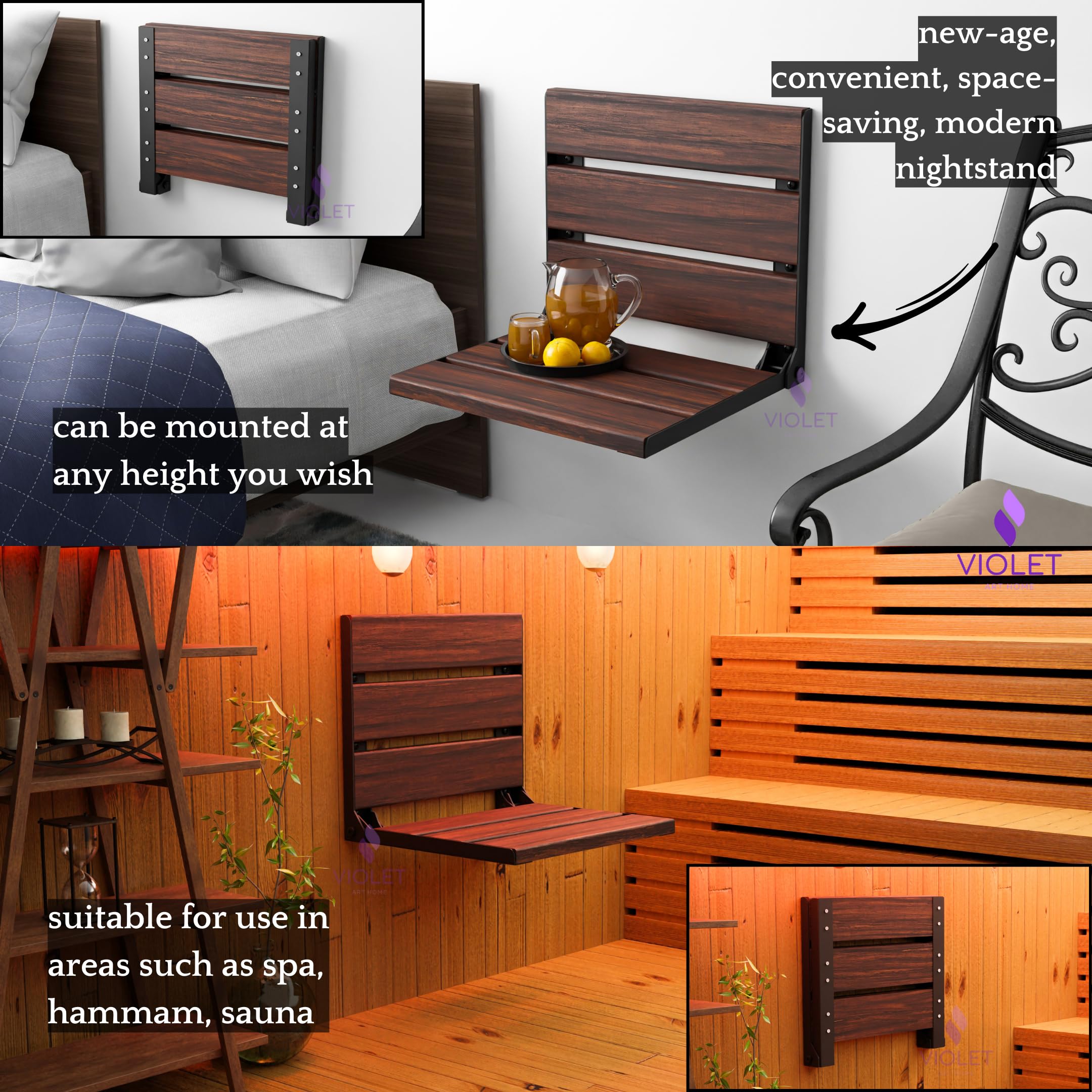 Sedile da doccia pieghevole in legno di teak, conforme ADA, durevole, sgabello da bagno salvaspazio, sedia compatta pieghevole e realizzata a mano (teak scuro naturale, grande)