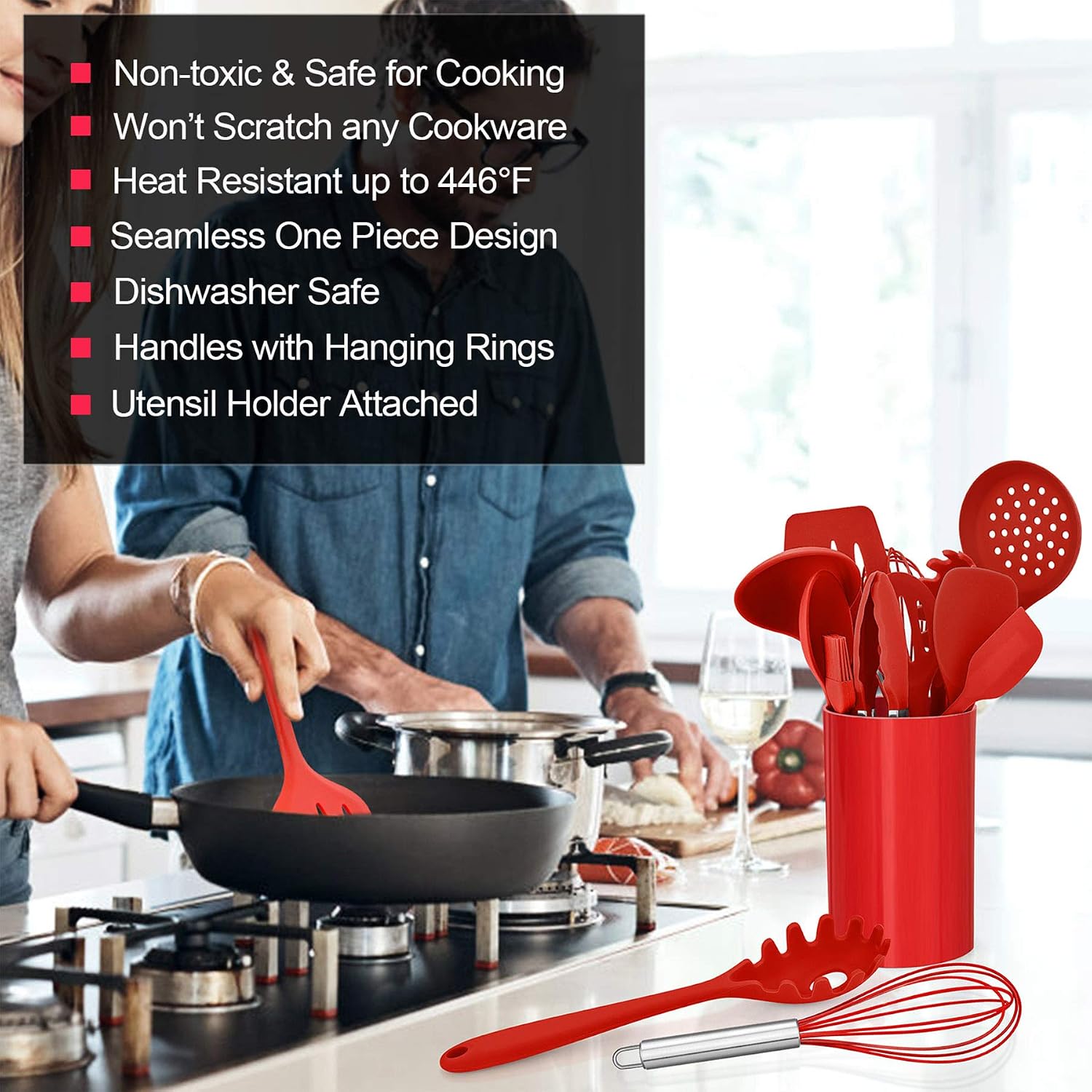 LIANYU 12-Piece Red Silicone Kitchen Cooking Utensils with Holder