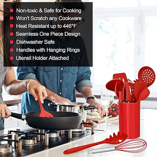 Miniatura 10 de LIANYU Juego de utensilios de cocina de silicona negra de 12 piezas con soporte, herramientas de cocina que incluyen espátula ranurada, cuchara,