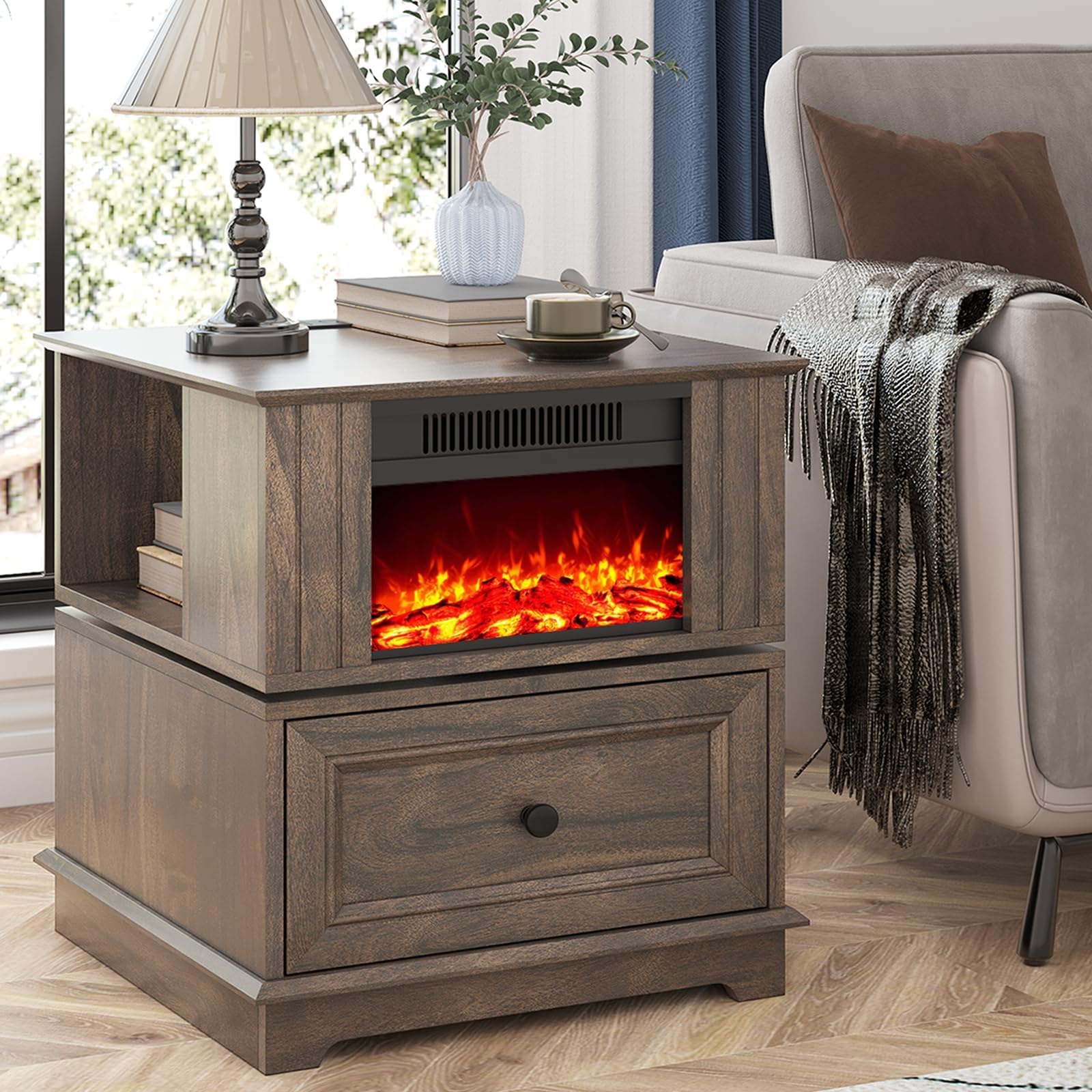 REDAYFUR Rotatable Electric Fireplace Heater, Fireplace and Side Table in One, 1400W Indoor Electric Stove Heater, 4800 BTU Fireplace Stove, CSA ETL Safety Certified, Overheating Safety Protection