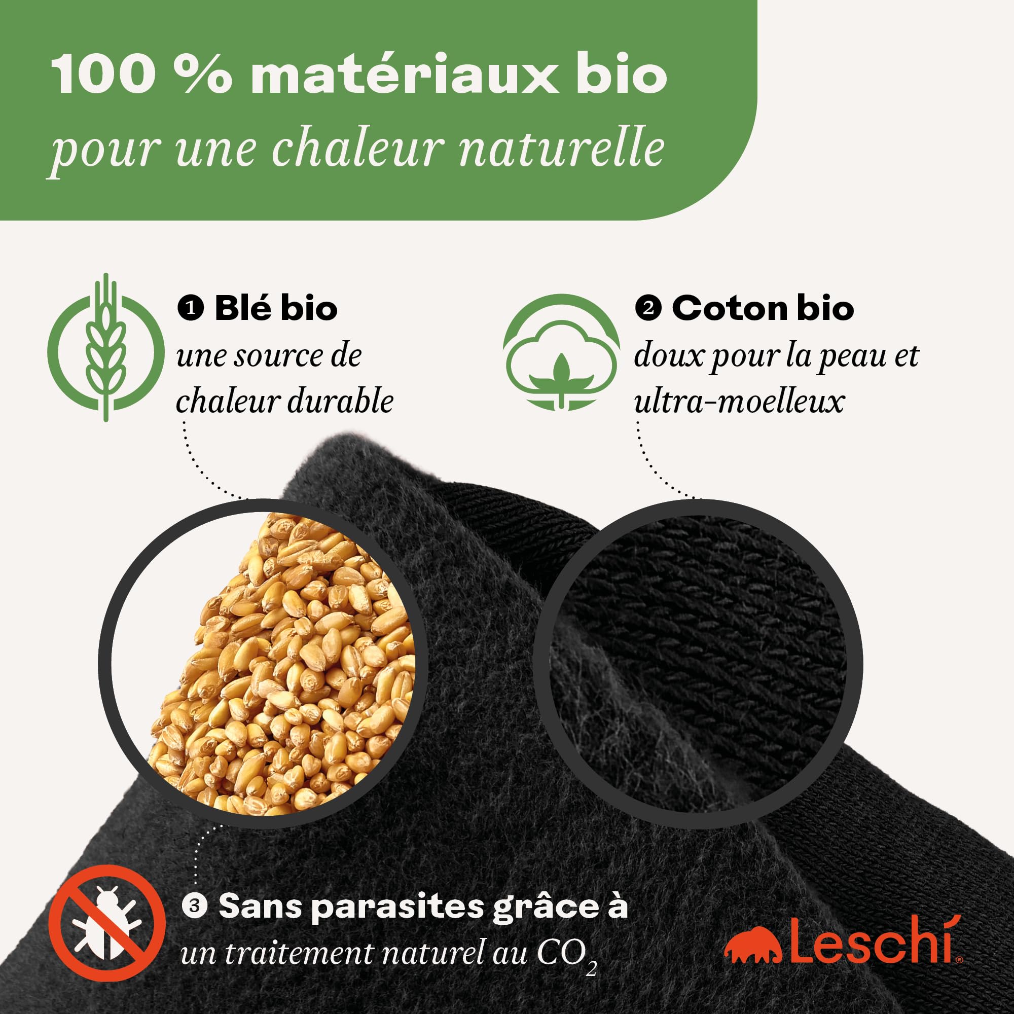 LESCHI Coussin chauffant micro-ondes en coton 100% bio, 4 compartiments, Renard noir, Bouillotte graines de blé 100% bio, Bouillotte micro-ondes idéale pour soulager les douleurs menstruelles