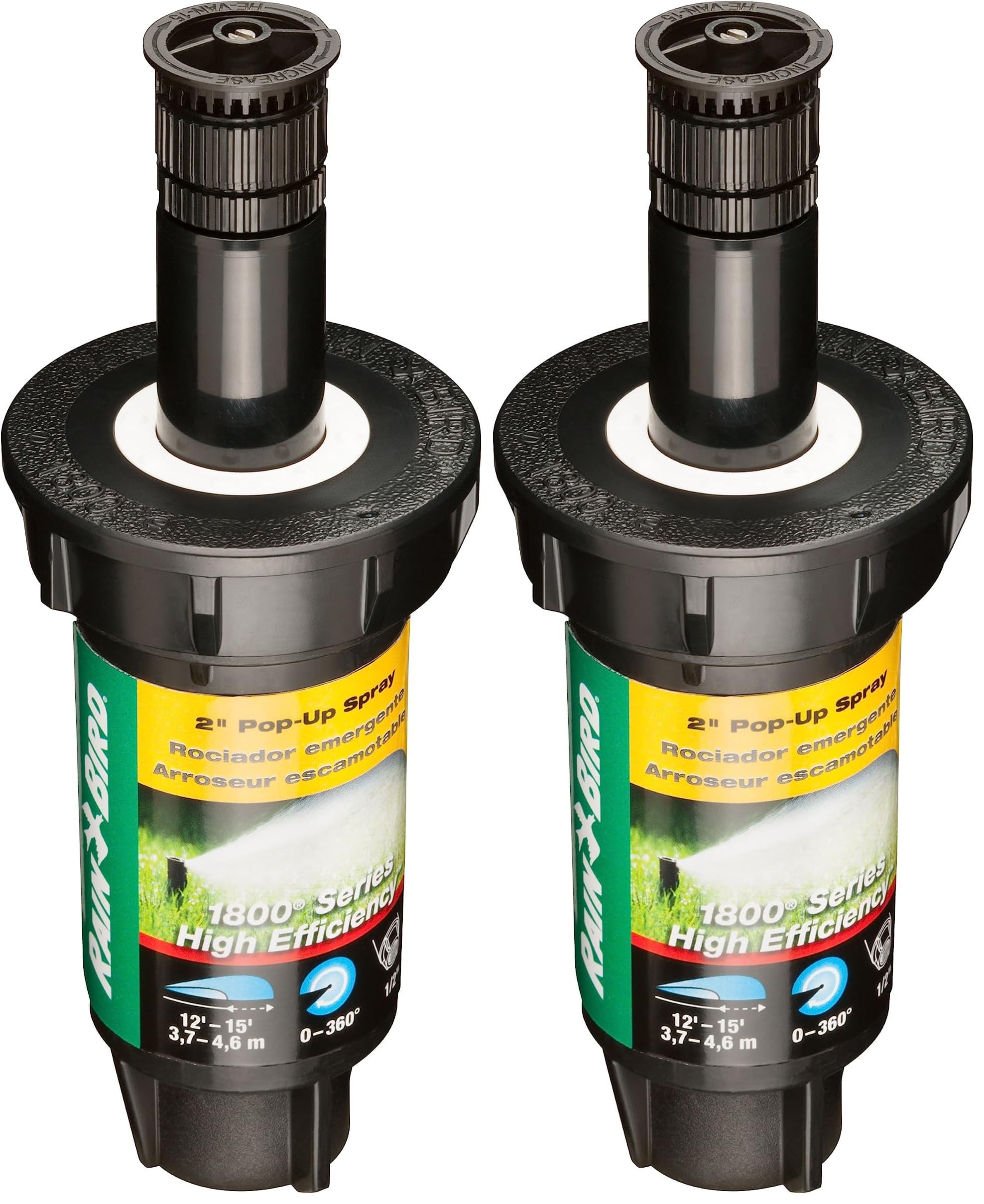 Rain Bird 1802HEVN15 High Efficiency Professional Pop-Up Sprinkler, Adjustable 0° - 360° Pattern, 8' - 15' Spray Distance, 2" Pop-up Height (Pack of 2)
