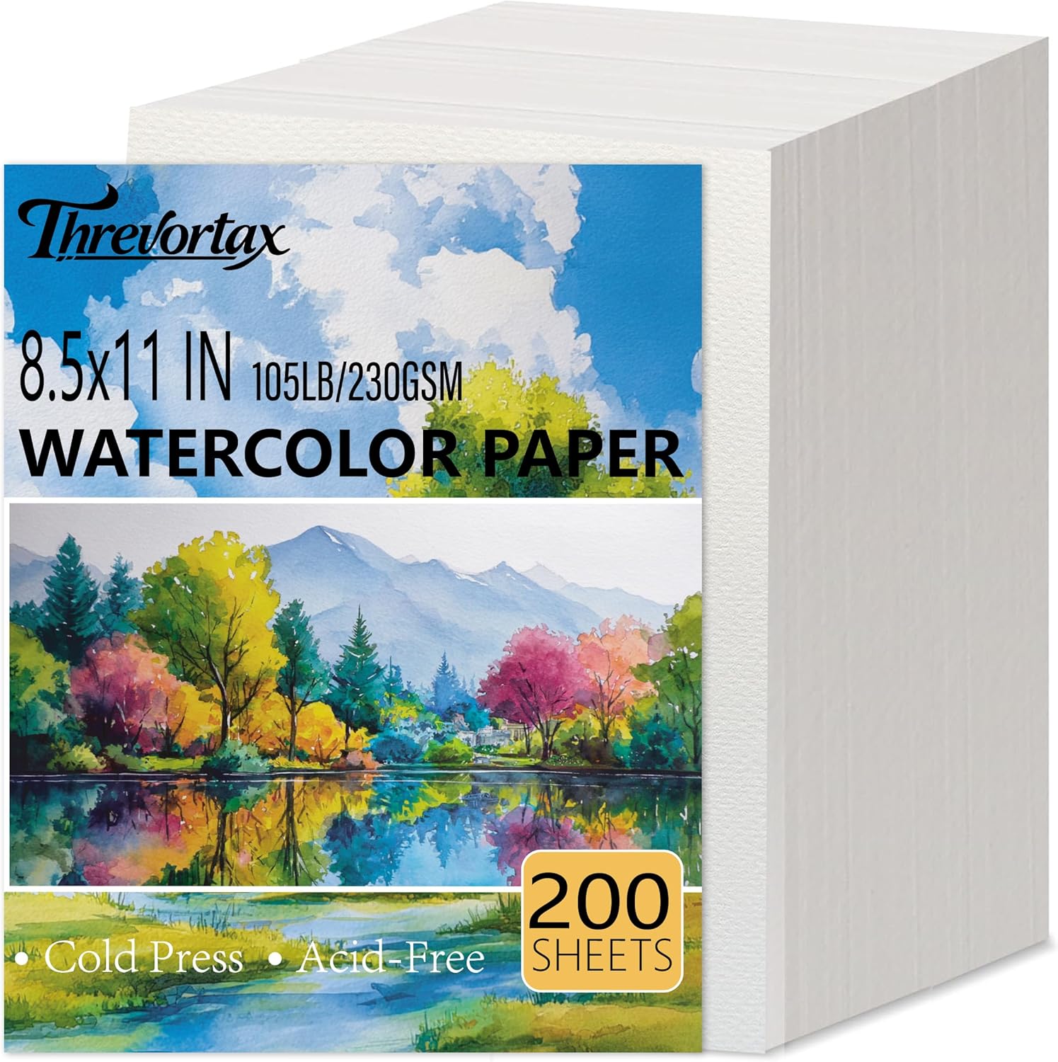 Threvortax 200 PCS Watercolor Paper 8.5x11 Inch 105LB/230GSM Cold Press Water Color Paper for Students and Beginners, Acid-Free Heavyweight Art Sheets for Painting, Printing, Scanning & Crafting
