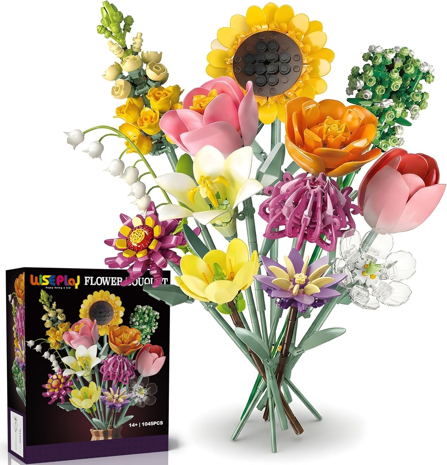 WISEPLAY Flower Bouquet Building Blocks Set for Adults – 1045 PCS Botanical Collection with Tulips, Sunflower & Lily | Creative Home Décor, Stress Relief Craft Kit | Unique for Women