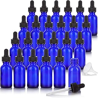 JUVITUS 1 oz Cobalt Blue Glass Boston Round Bottle with Black Dropper (24 Pack) + Funnel