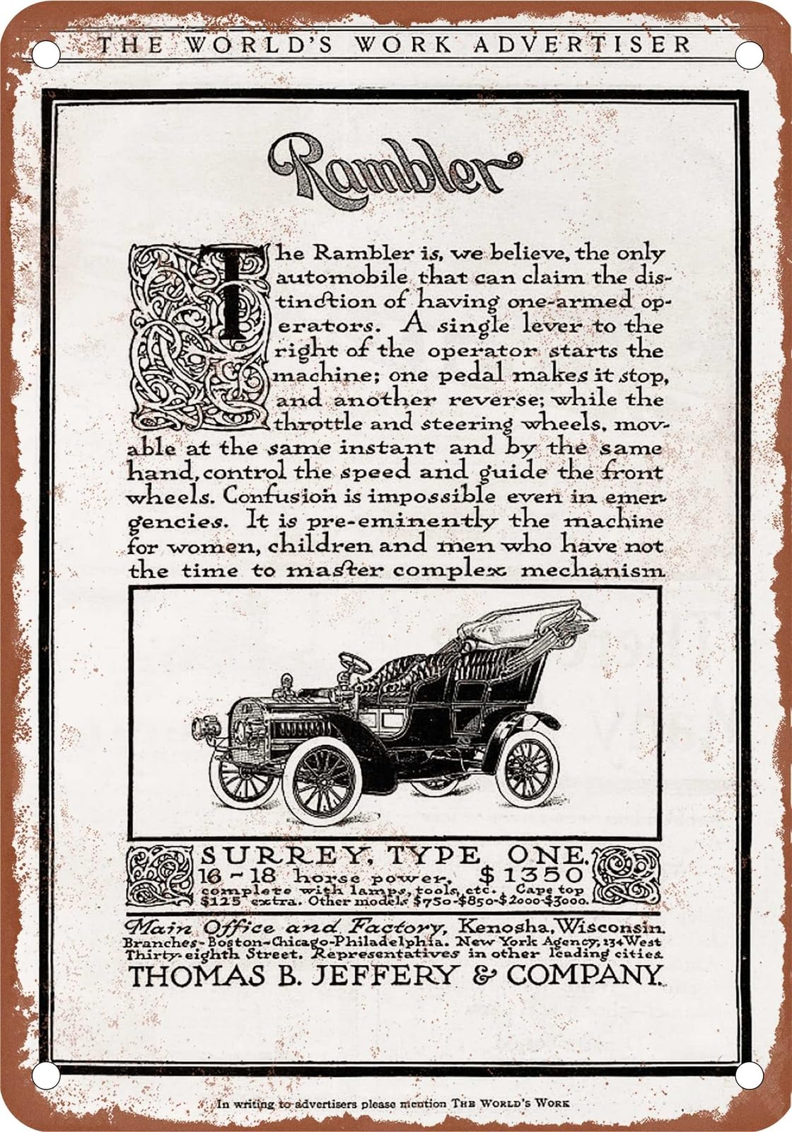 METAL SIGN - 1905 Rambler Vintage Ad 02 - Old Retro Rusty Look home decor