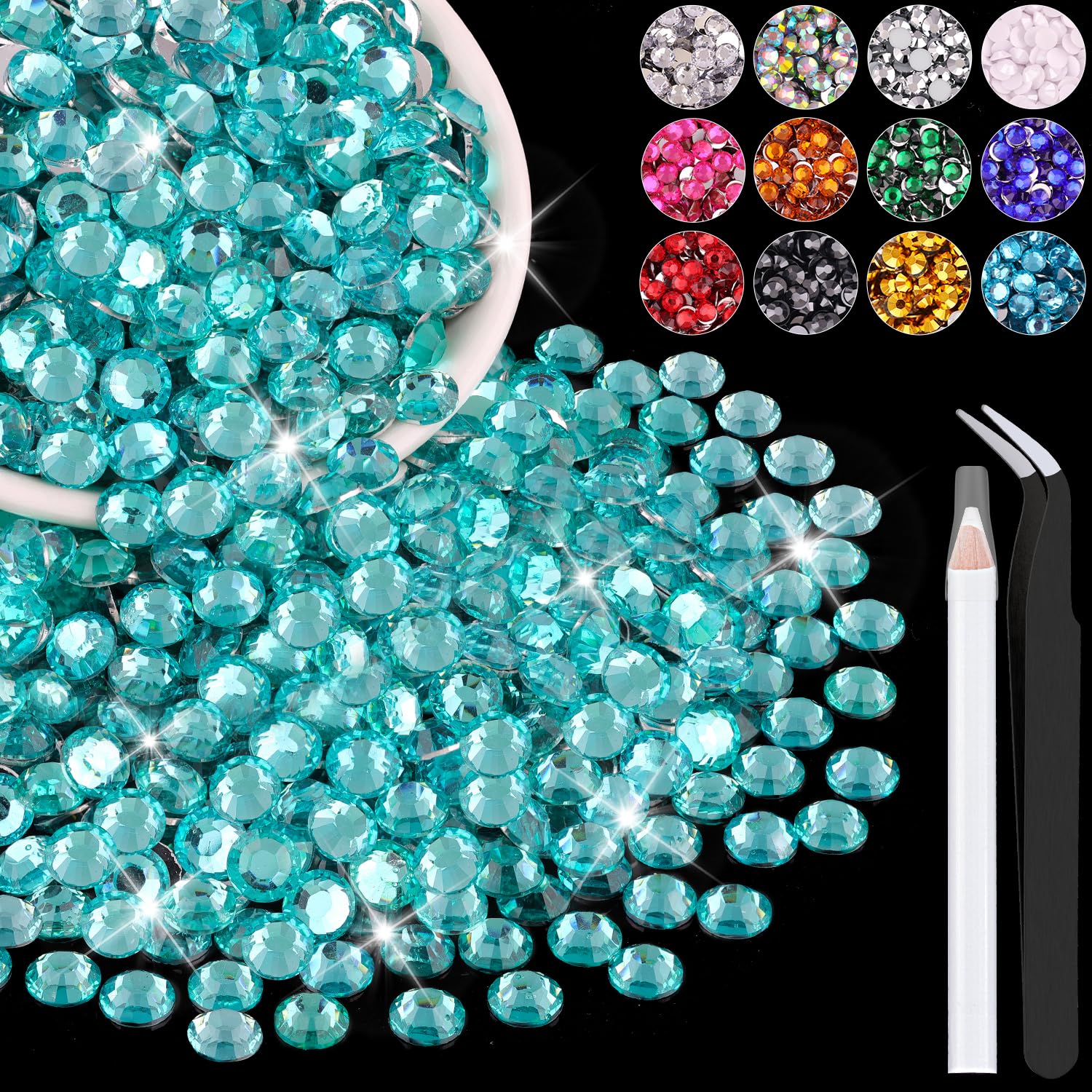 2500PCS 5mm Resin Rhinestones in Bulk (Lake Blue/Aquamarine), Bedazzling Flatback Crystals for Crafts DIY Nail Decoration, Gems Charms for Tumbler Shoes Clothing Fabric with Pickup Pen and Tweezers