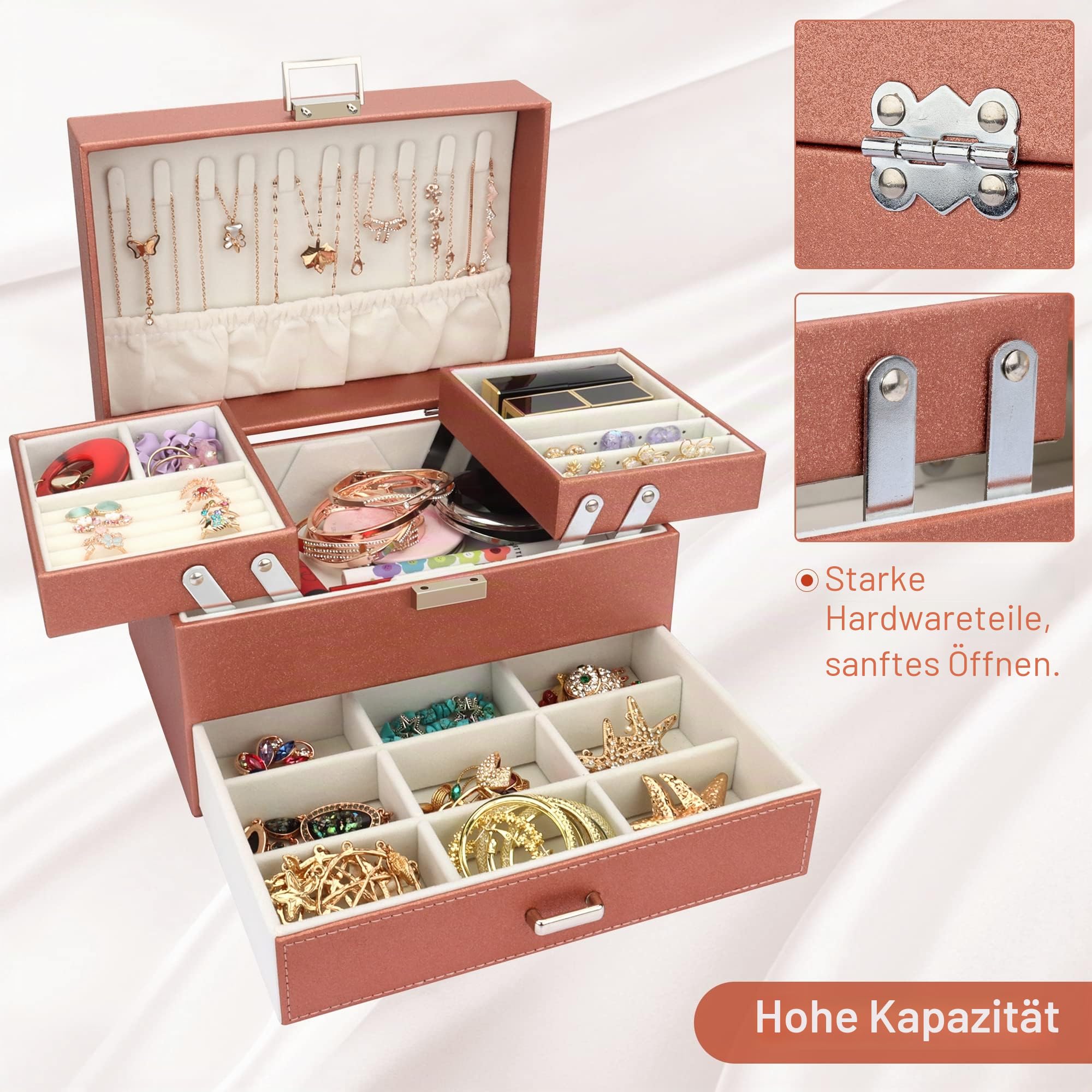 Schmuckkasten, Schmuckkästchen mit Schubladen für Damen Mädchen, PU-Leder Jewelry Box Schmuckbox Schmuckschatulle Groß Schmuckaufbewahrung für Ringe Ohrringe Armbänder Halsketten, Roségold