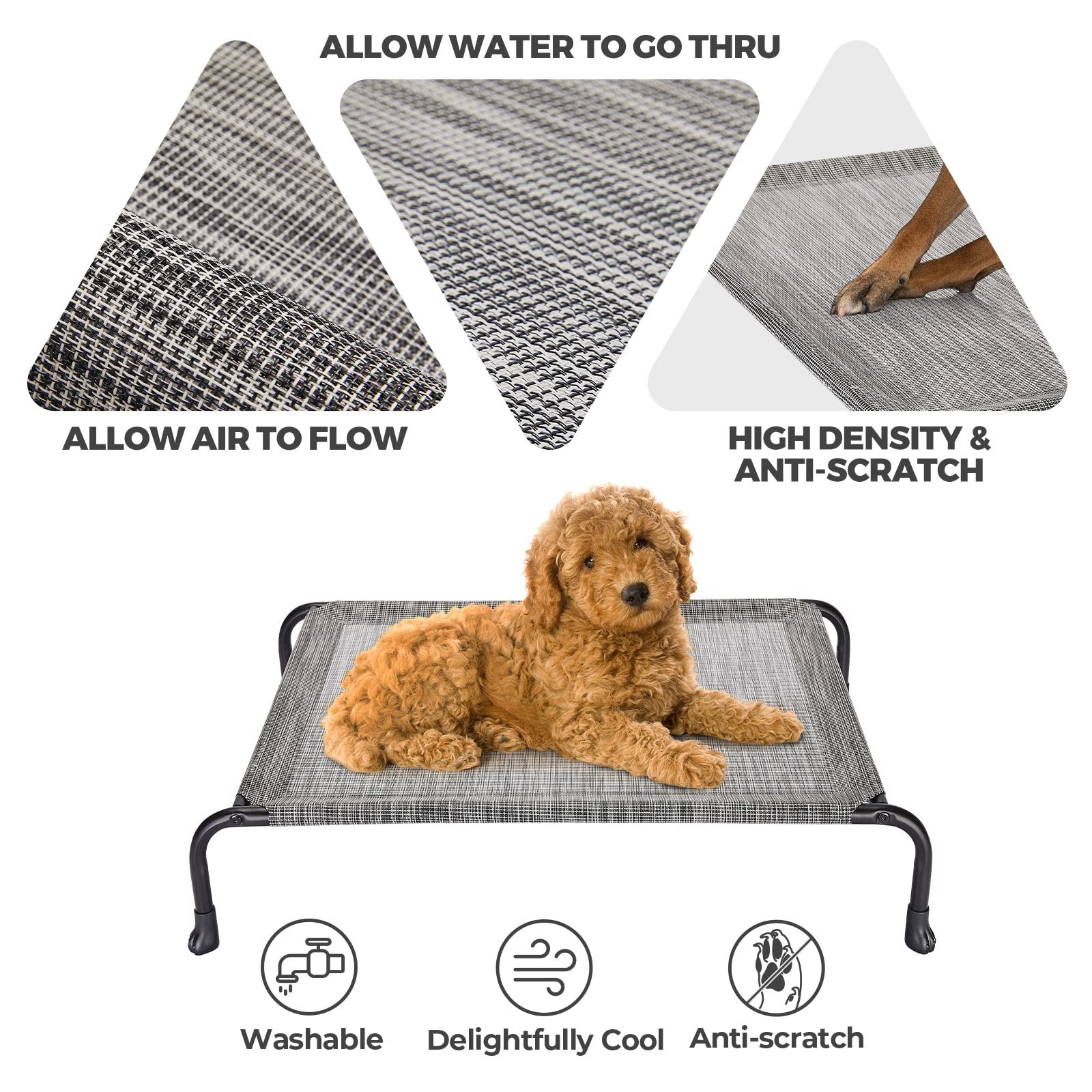 Veehoo Outdoor Elevated Dog Bed, Cooling Raised Dog Cots Beds with No-Slip Feet, Durable Pet Bed for Large Medium Dogs, Washable & Chew Proof Mesh Fabric Cots for Indoor Outdoor, Small, Black Silver