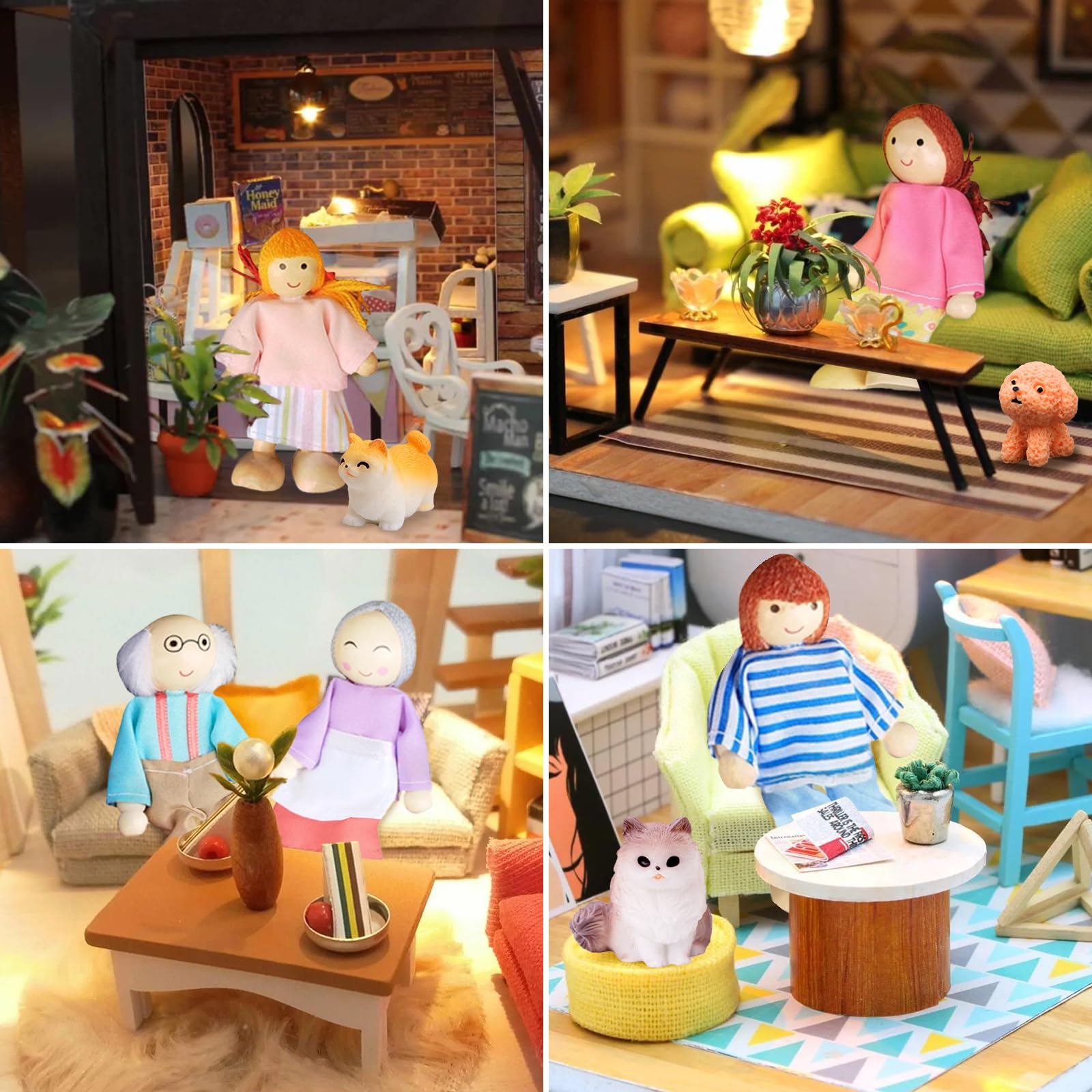 Ruikdly Casa Delle Bambole in Legno - Set Famiglia 12 Pezzi Con Gatto e Cane, Figure Pieghevoli - Accessori Regalo