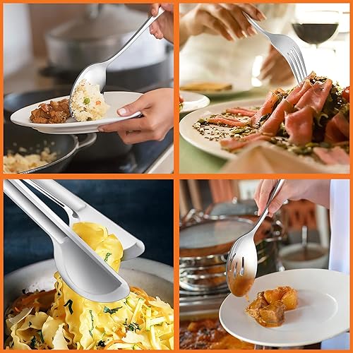 Miniatura 3 de E-far - Juego de utensilios de servicio grandes de 12 piezas, cucharas ranuradas de acero inoxidable de 9.8 pulgadas, tenedor de 9.9 pulgadas, pinza