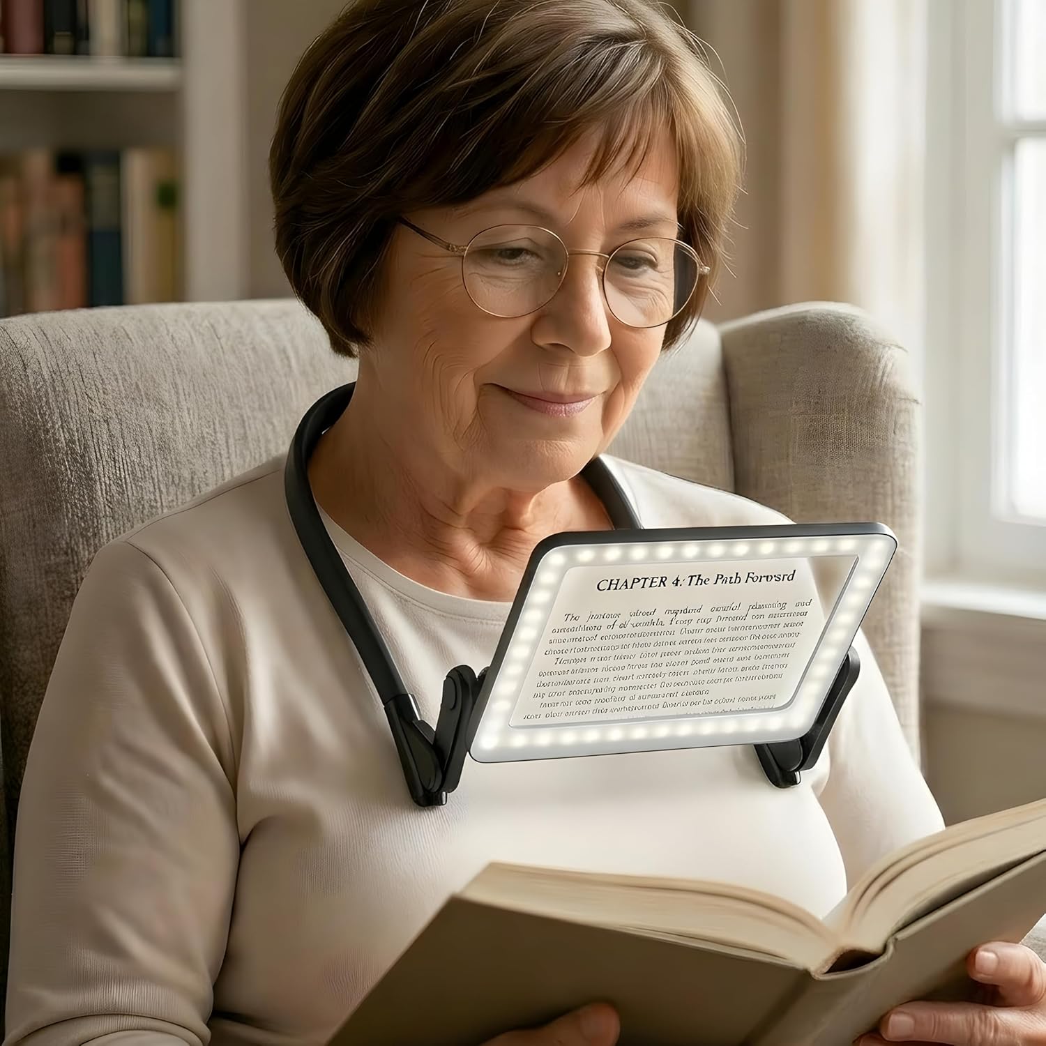 Magnifying Glass with Light for Reading,Hands Free Page Reading Magnifier for Books with 3 Color Dimmable, Neck Wear Large Screen Stand Glasses for Close Work Seniors Low Vision Rechargeable