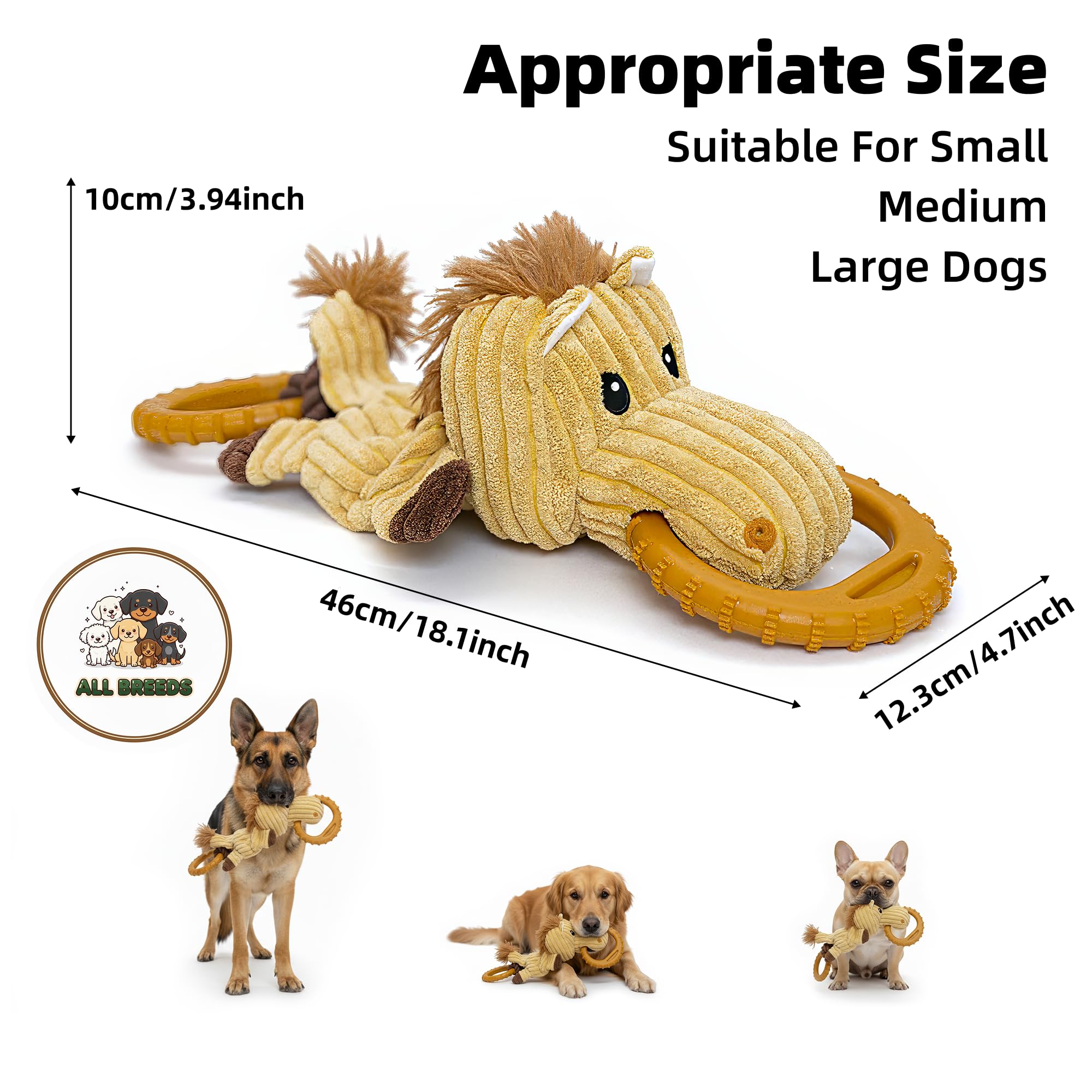 Kordsamt Kauspielzeug für Hunde mit Quietscher und interaktivem Gummiring für kleine, mittelgroße und große Rassen, ideal zum Tauziehen und Apportieren (Medium, Nashorn)