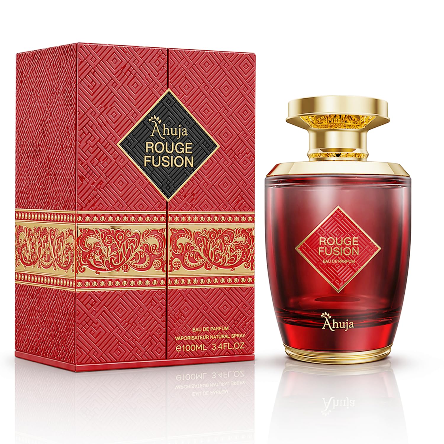 ahuja rouge fusion unisex eau de parfum, 100 ml (3.4 fl oz) | long-lasting citrus & woody fragrance with vanilla, rose, pine & geranium notes | luxury perfume for men & women | everyday & special