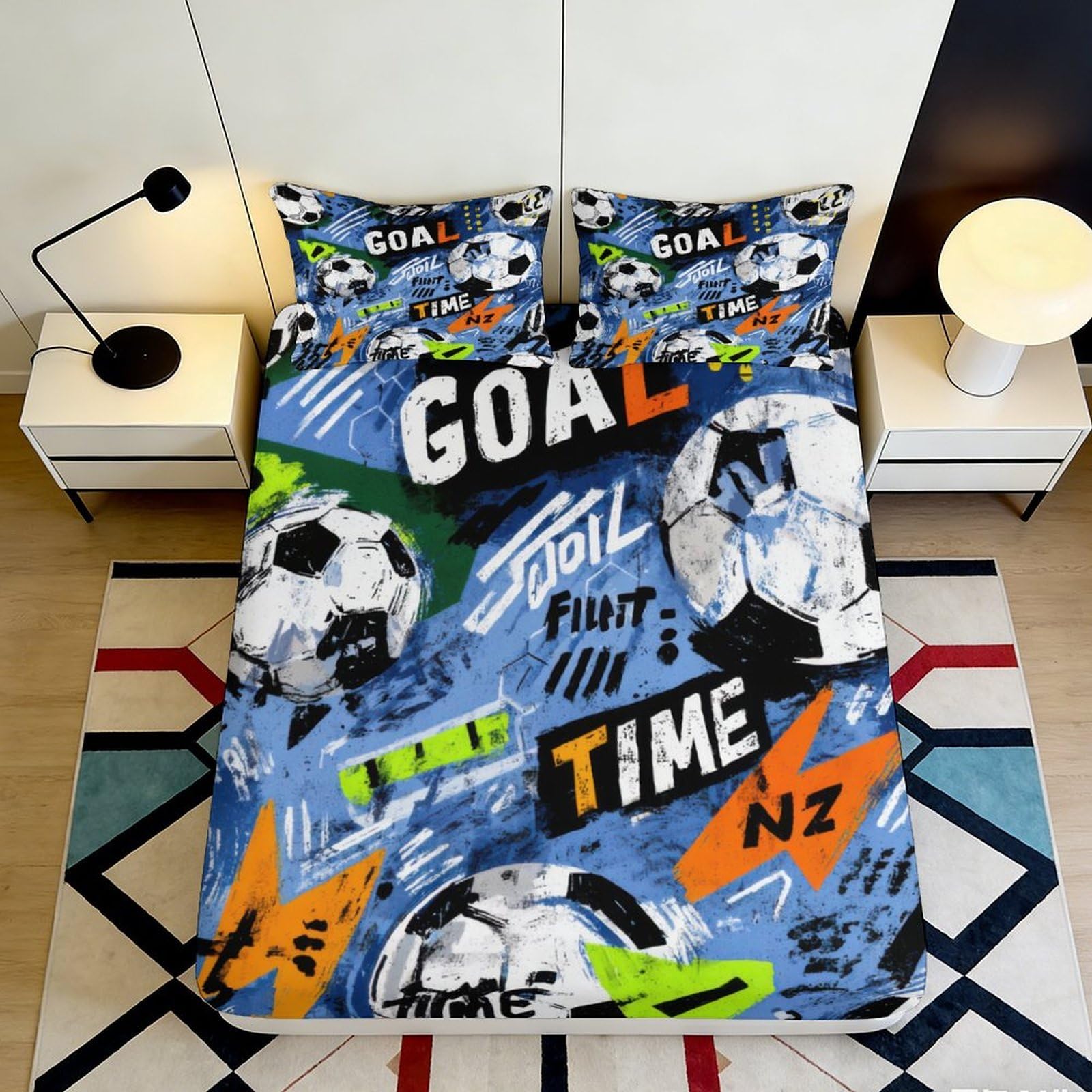 Jqzkxnhpbr Style-10 3D Printed Graffiti Football Fitted Sheet Microfiber Soft Blue Soccer Bed Cover For Bedroom Dorm Mattress Decor 90X200x25cm