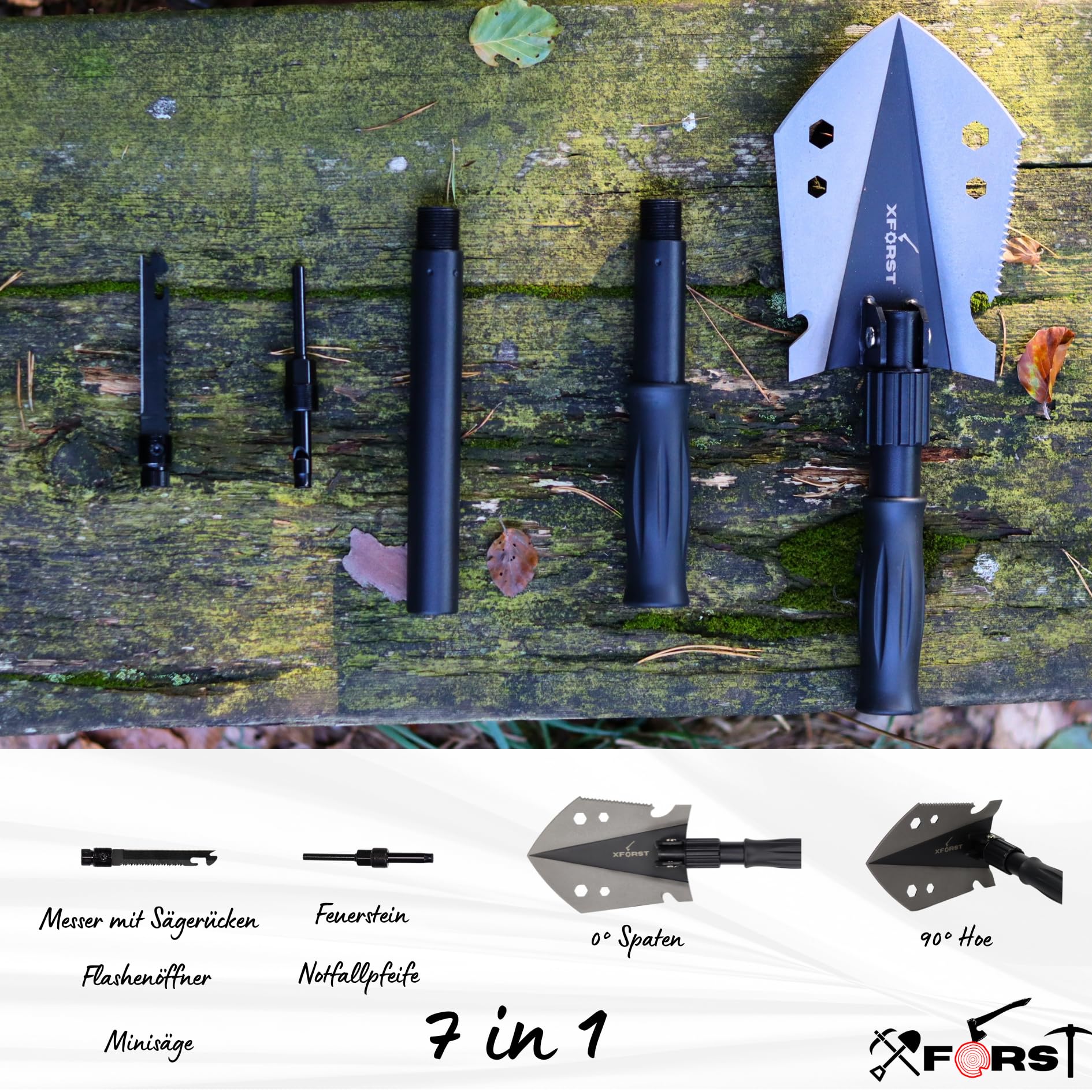 Xforst Multifunktionaler Klappspaten für Camping und Survival – Karbon-Stahl Schaufel mit 3 Längen Kombi, Survival-Säge, Feuerstein, Pfeife und Tasche – Offroad Zubehör