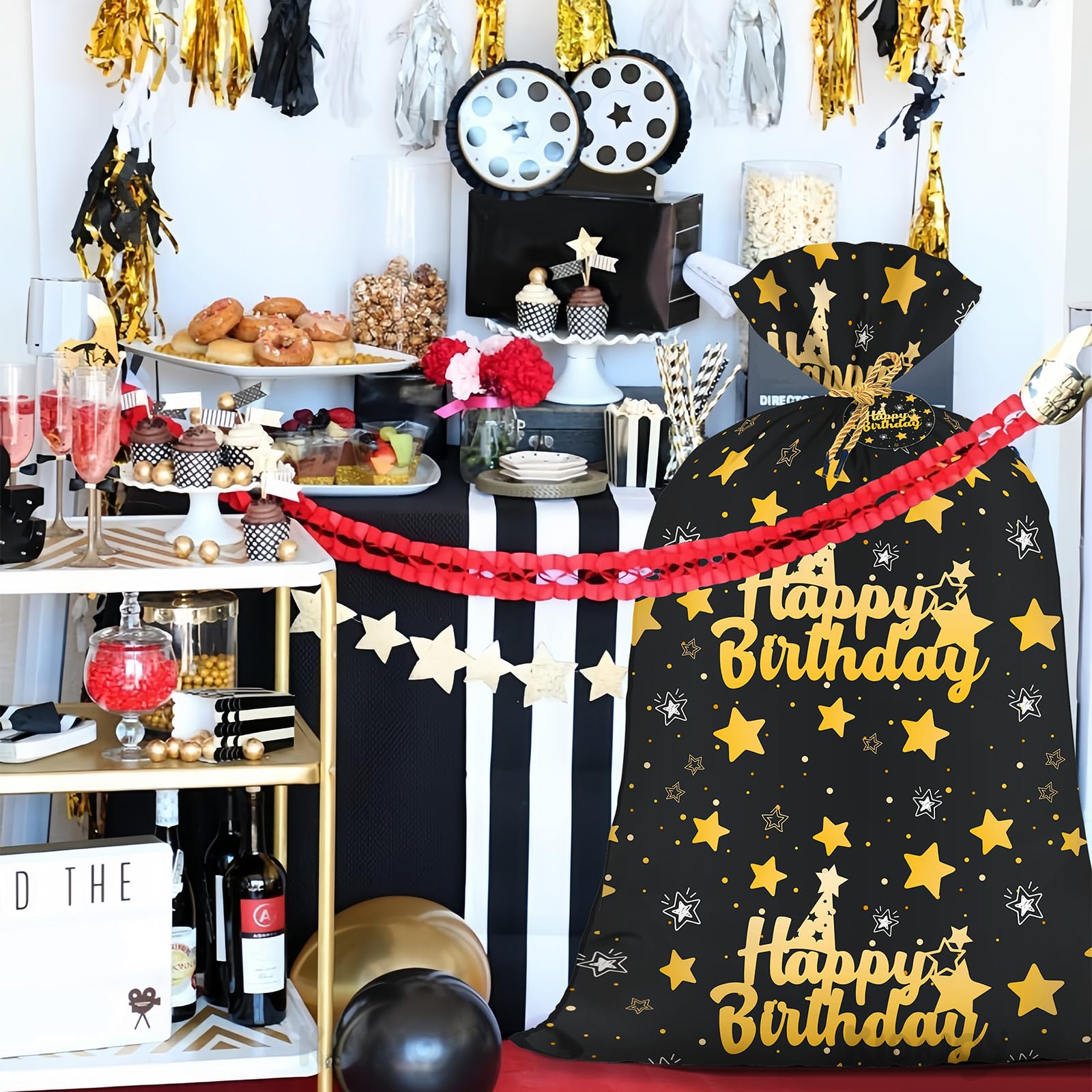 Extra Large Birthday Plastic Gift Bags Boys Black and Gold 36x56 Inch Jumbo Black Gift Bag XL Happy Birthday Themed Kids Women Men Party Favors Decorations Golden Star