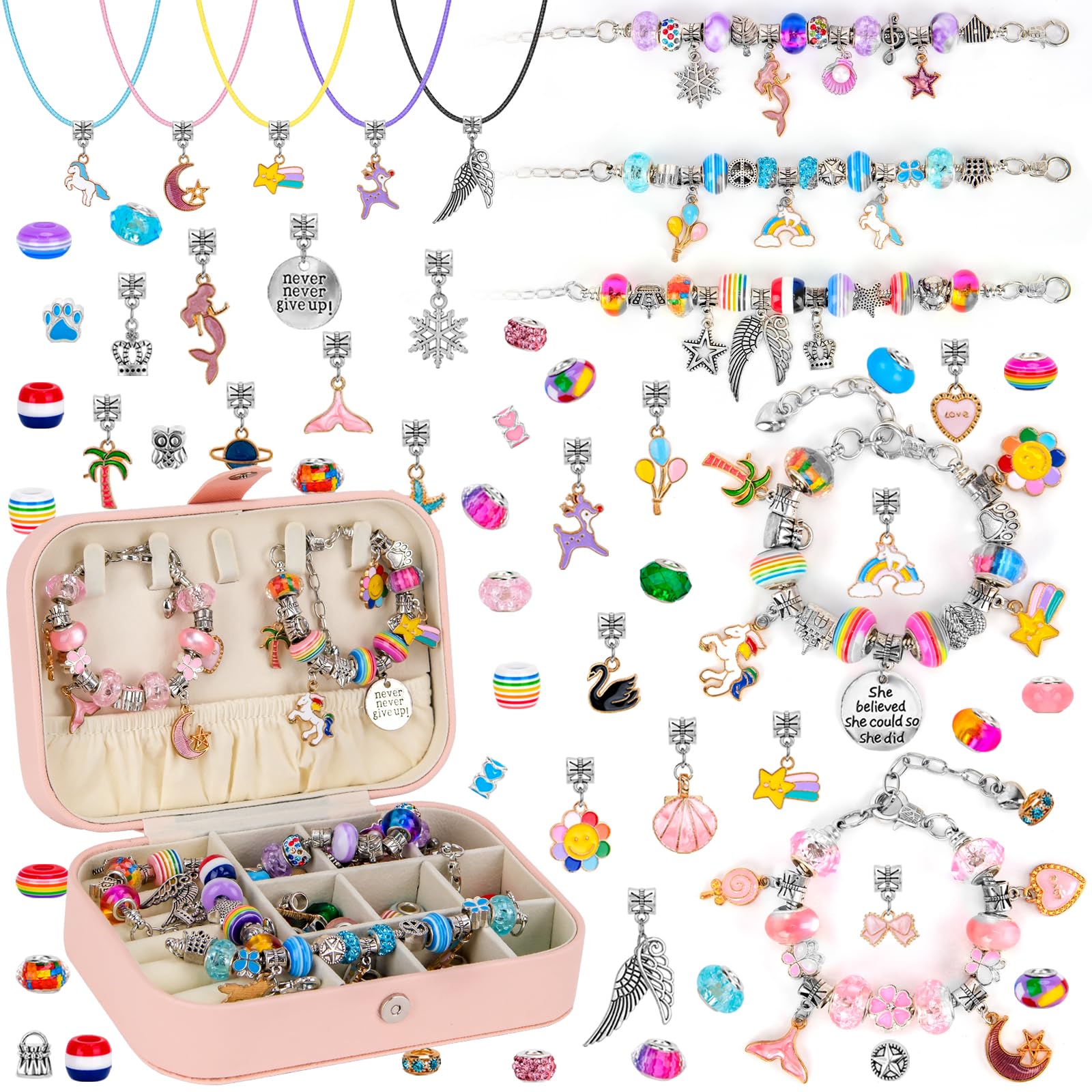 Hysagtek Kit per la creazione di gioielli per ragazze, 120 pezzi, kit per la creazione di braccialetti con perline fai da te, per ragazze, kit di collane, ciondoli con scatola