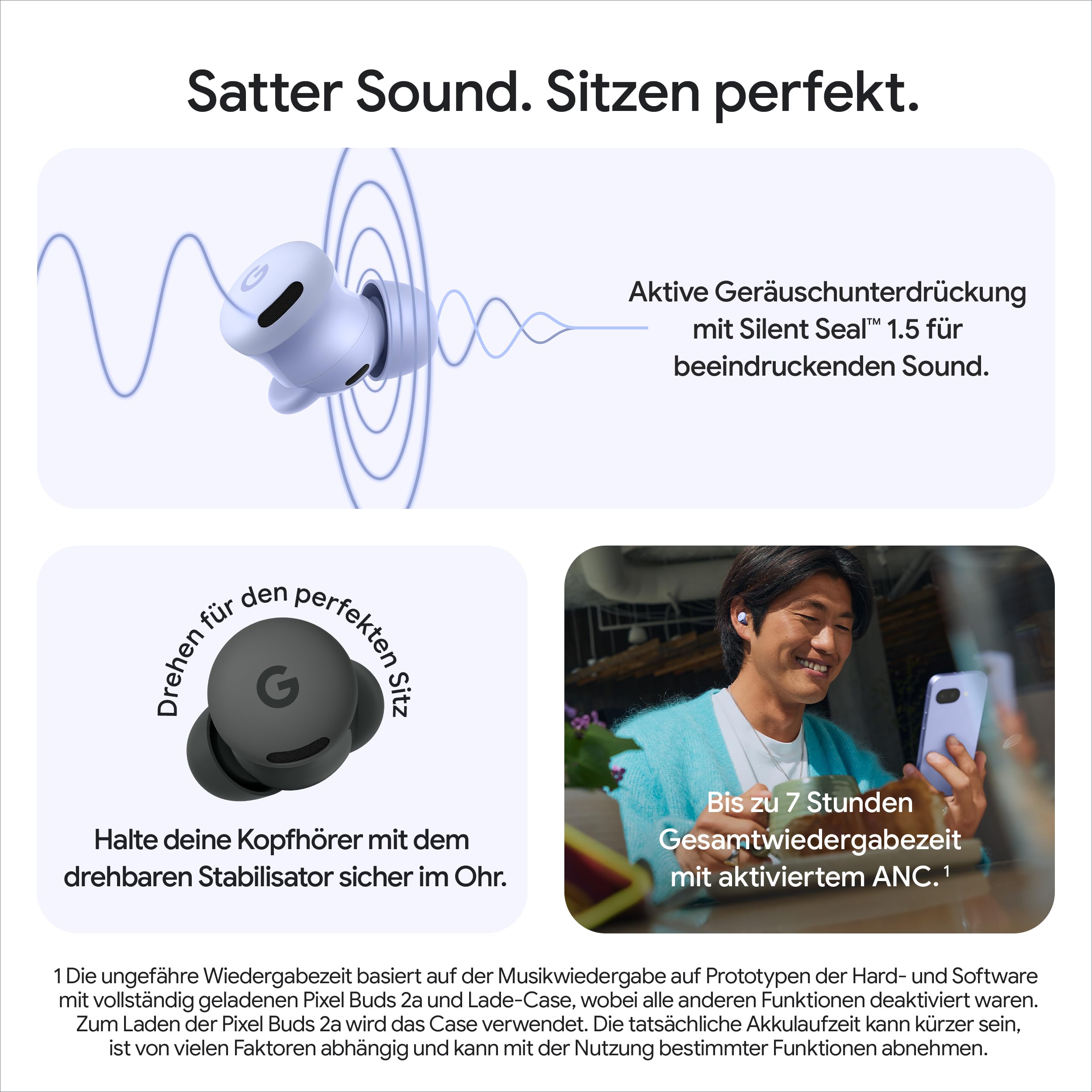 Google Pixel Buds 2a – Kabellose Kopfhörer mit aktiver Geräuschunterdrückung – Leicht und bequem – Wasserabweisend – Bluetooth-kompatibel – Hazel