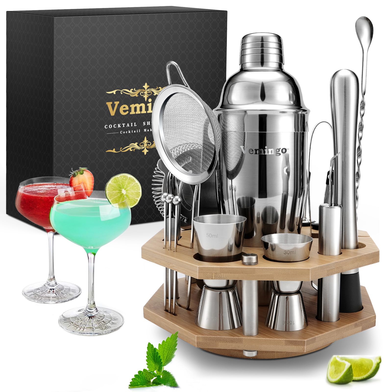 Cocktail Making Set,Cocktail Shaker Set 750ml Cocktail Shakers with Rotating Stand, Perfect Bartender Kit for Home and Bar Tools Set Strainer, Jigger, Mixing Spoon, Recipes, Great Kit Gift (20PCS)