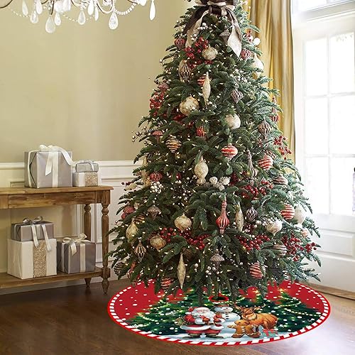 Miniatura 4 de Falda de árbol de Navidad, 48 pulgadas, falda roja de árbol de Navidad, falda de árbol de Navidad de Papá Noel y muñecos de nieve, tapete grande de