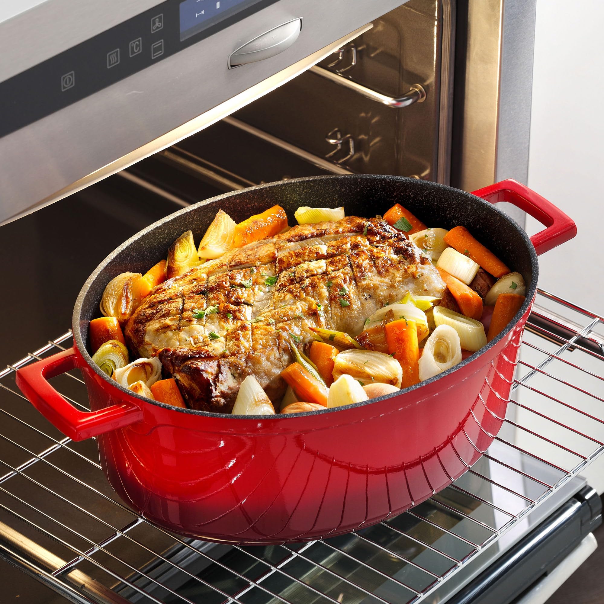 STONELINE Cocotte Induction avec Couvercle 32 cm, 6,6 L, Casserole Antiadhésive Revêtement avec de vraies Particules de Pierre, Braisière Marmite pour Tous Feux et Four, Couleur : Rouge