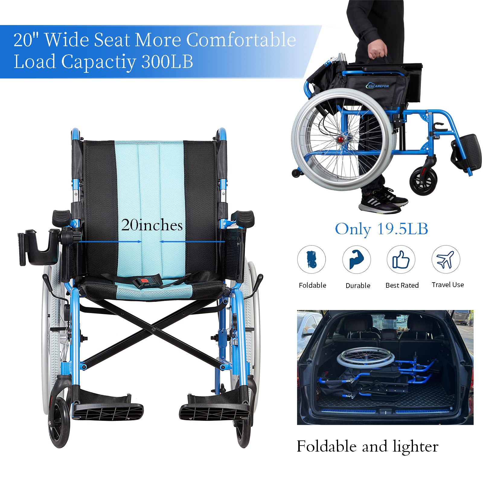 5,8kg fauteuil roulant léger pliant avec dossier ergonomique, assise 50cm, fauteuil roulant pour personnes âgées et handicapées, fauteuil roulant automoteur en magnésium bleu