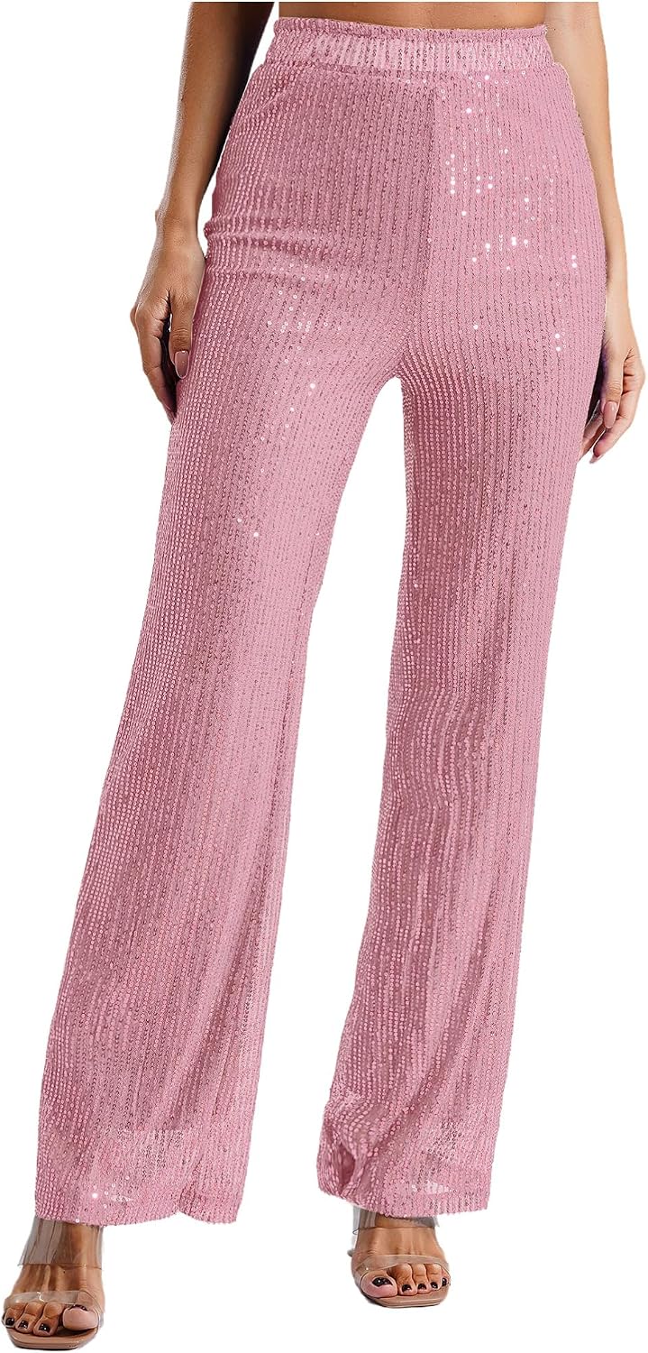 Alvivi Women's Sequins Straight Wide Leg Pants Adult Sparkly Bling Glitter Trousers for Club Party