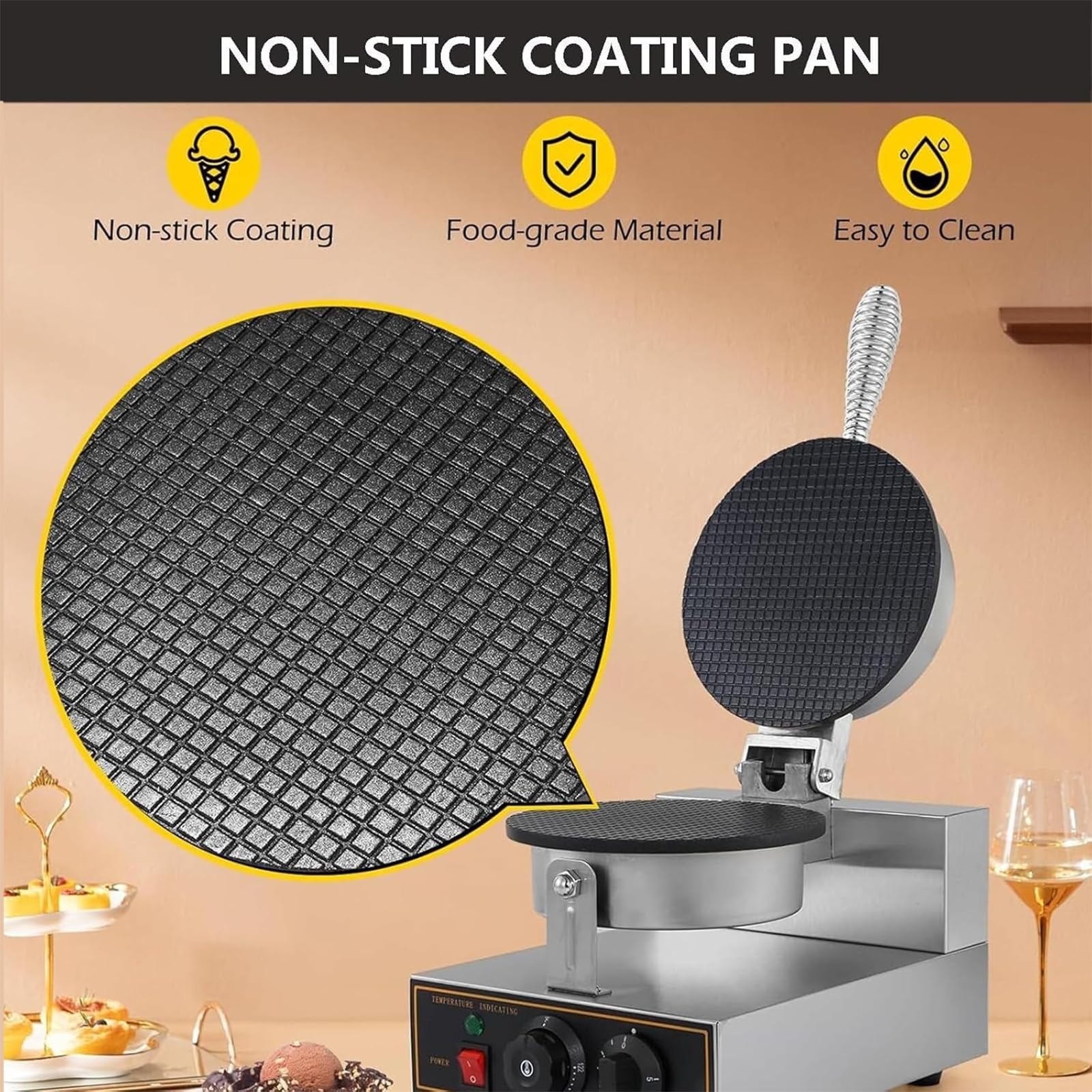 Macchina per basi per Coni Gelato, Macchina per involtini Primavera e Coni Waffle antiaderenti, Regolazione della Temperatura 50~300℃/impostazione del Tempo 0-5 Minuti/Manico Lungo,