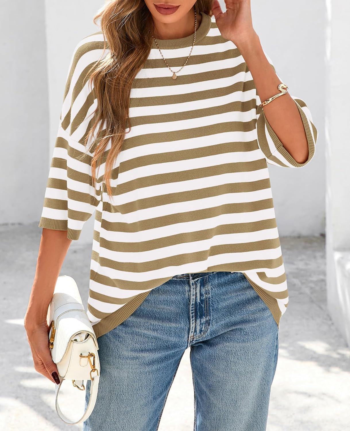 PRETTYGARDEN Womens Spring Summer Tops Fashion Striped Short Sleeve Sweater Crew Neck Lightweight Knit Oversized Shirts 2025 - Image 3