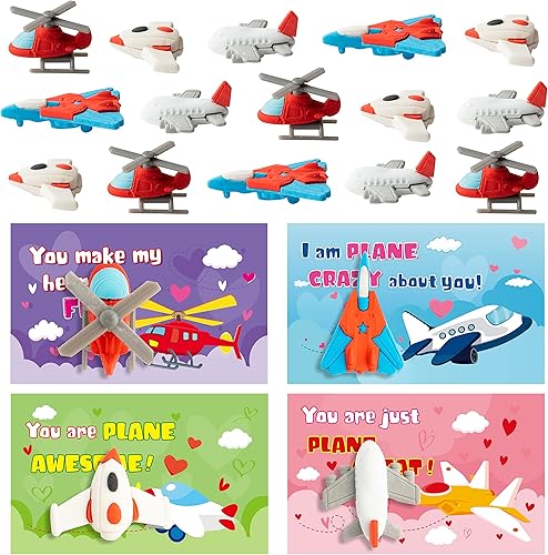 WATINC Paquete de 28 tarjetas de regalo de intercambio del día de San Valentín con borradores de aviones, juguetes para niños, tarjeta de