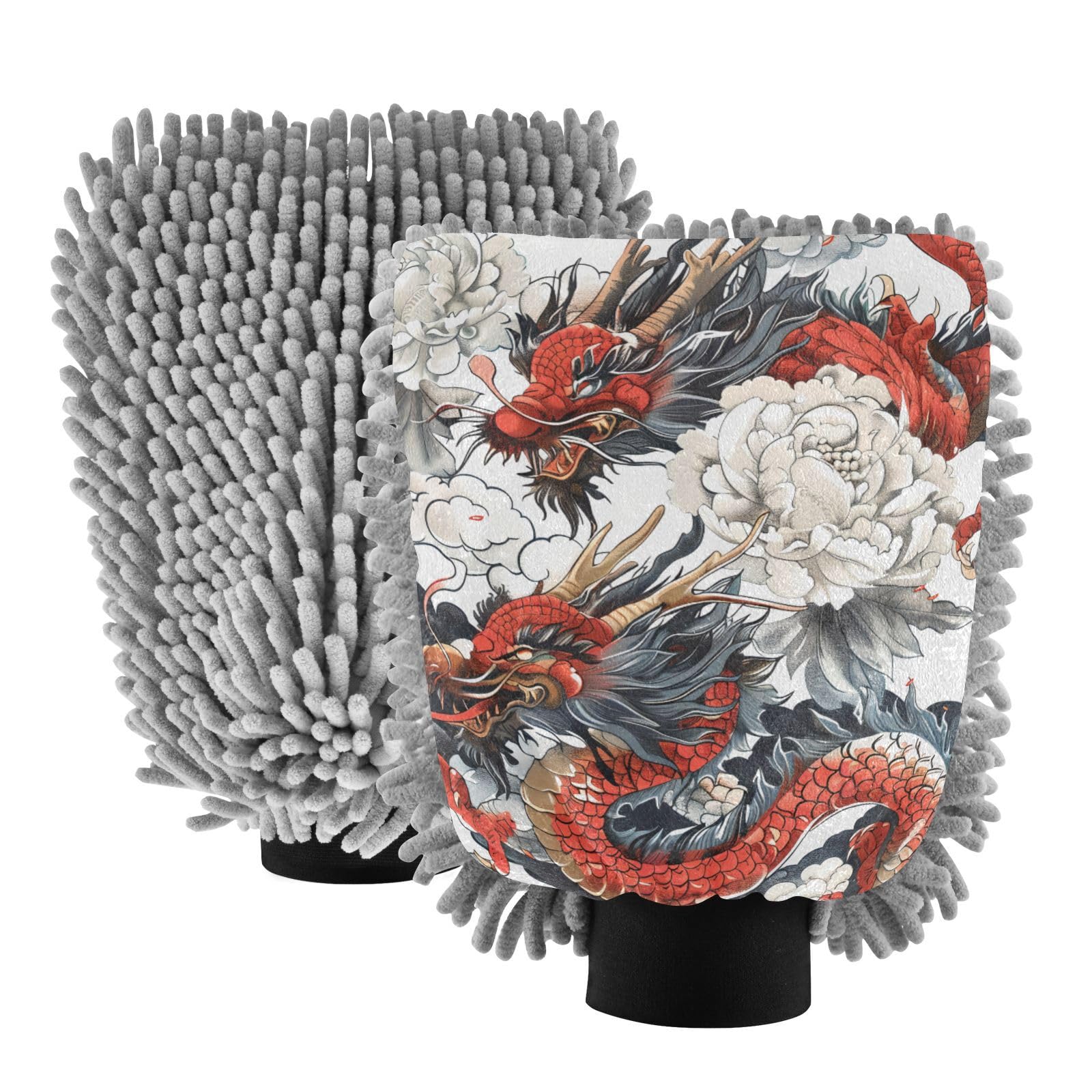 IOACIY Absorbent Microfiber Car Wash Drying Mitts, 2 Pack, Scratch-Free & Lint-Free, Rich Foam, Highly Absorbent, Double Sided, Wash Mitt Perfect for Car Washing, M, Chinese Dragon (10)