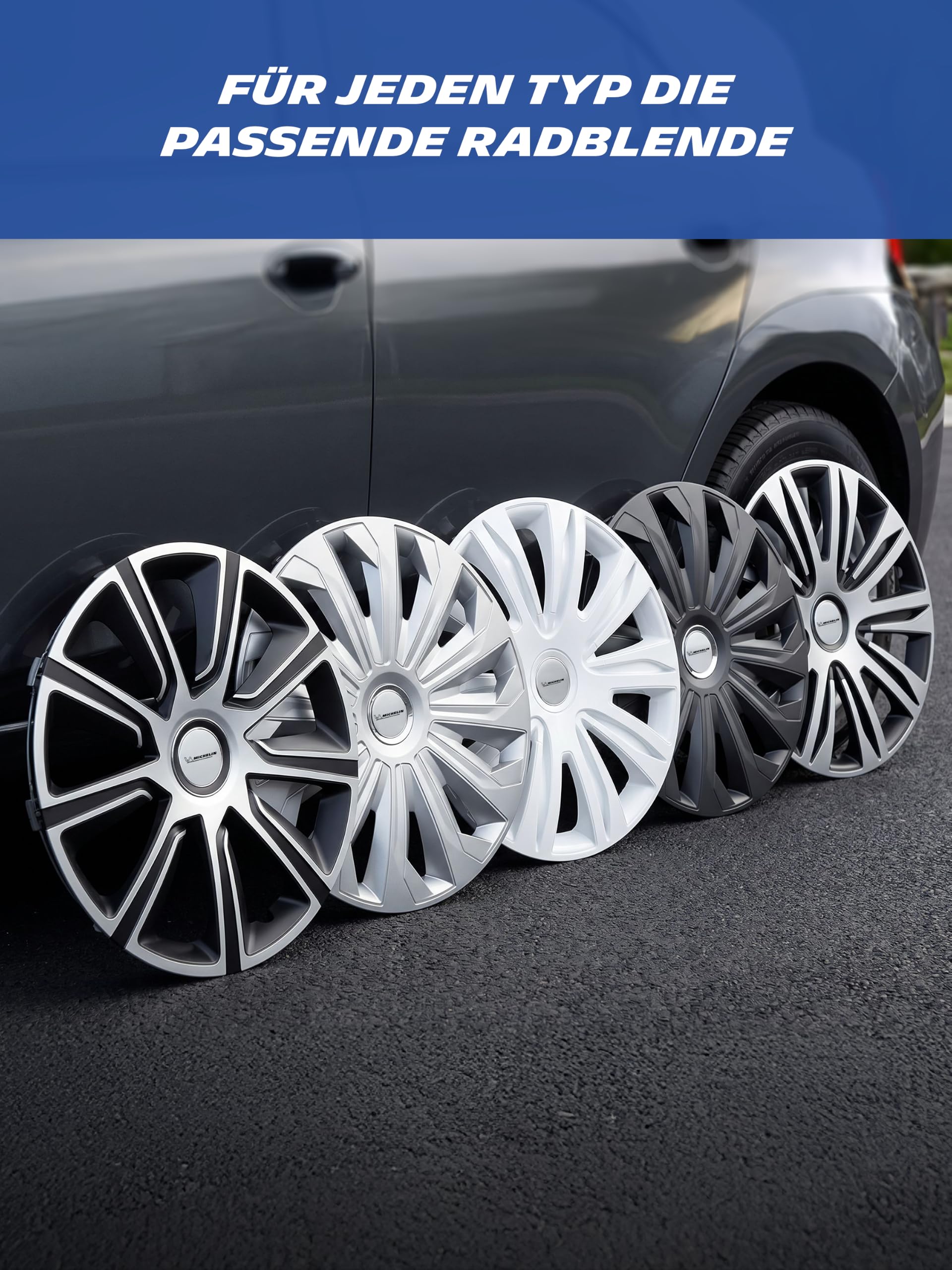 MICHELIN MX-LBS uniwersalne kołpaki ozdobne, 4 sztuki, do samochodu, tworzywo sztuczne ABS, kolor czarny/srebrny