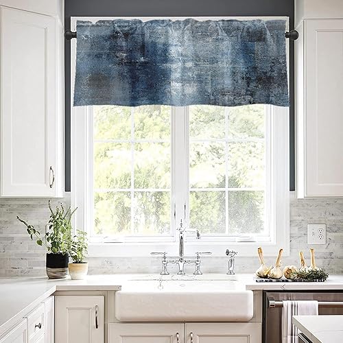 Miniatura 7 de Emvency Paquete de 2 cenefas para ventana, cortinas opacas de arte abstracto azul moderno, cenefas ajustables para ventanas, sala de estar, cocina,