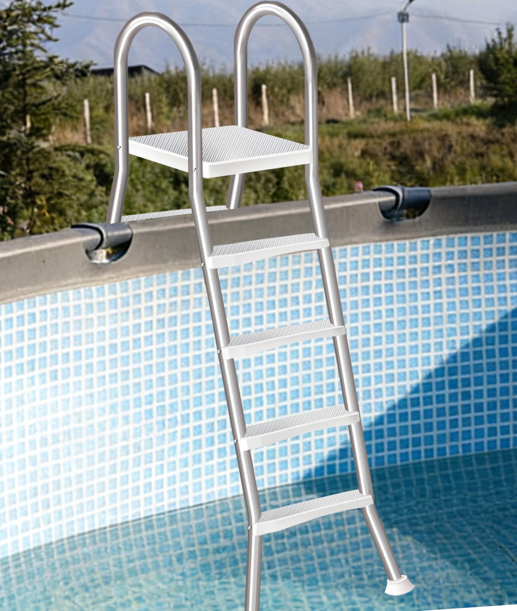 Scala per Piscina Fuori Terra da 135 cm, Scala a 4 Gradini con Struttura a A in Acciaio Inossidabile, Gradini Larghi Antiscivolo, Scala per Piscina Stabile e Resistente,135cm