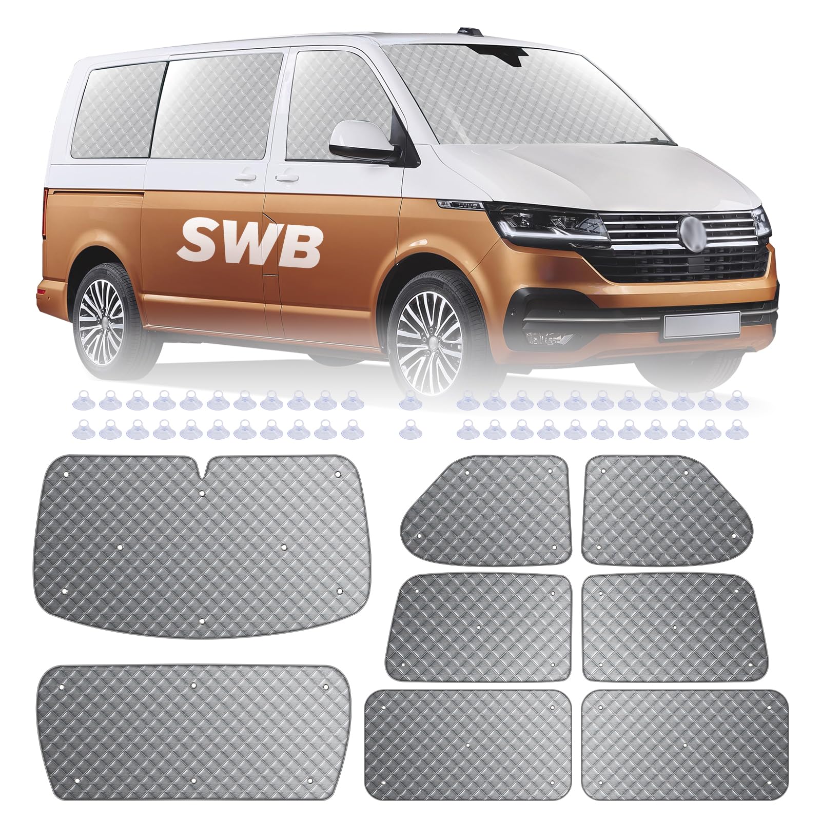 Set mit 8 thermischen Innenrollos für VW T4 SWB, Luxus-Sonnenblenden-Abdeckungs-Kit, UV-Rollo für den Sommer und Winterisolierungsabdeckung, Frontfenster-Bildschirmabdeckungen